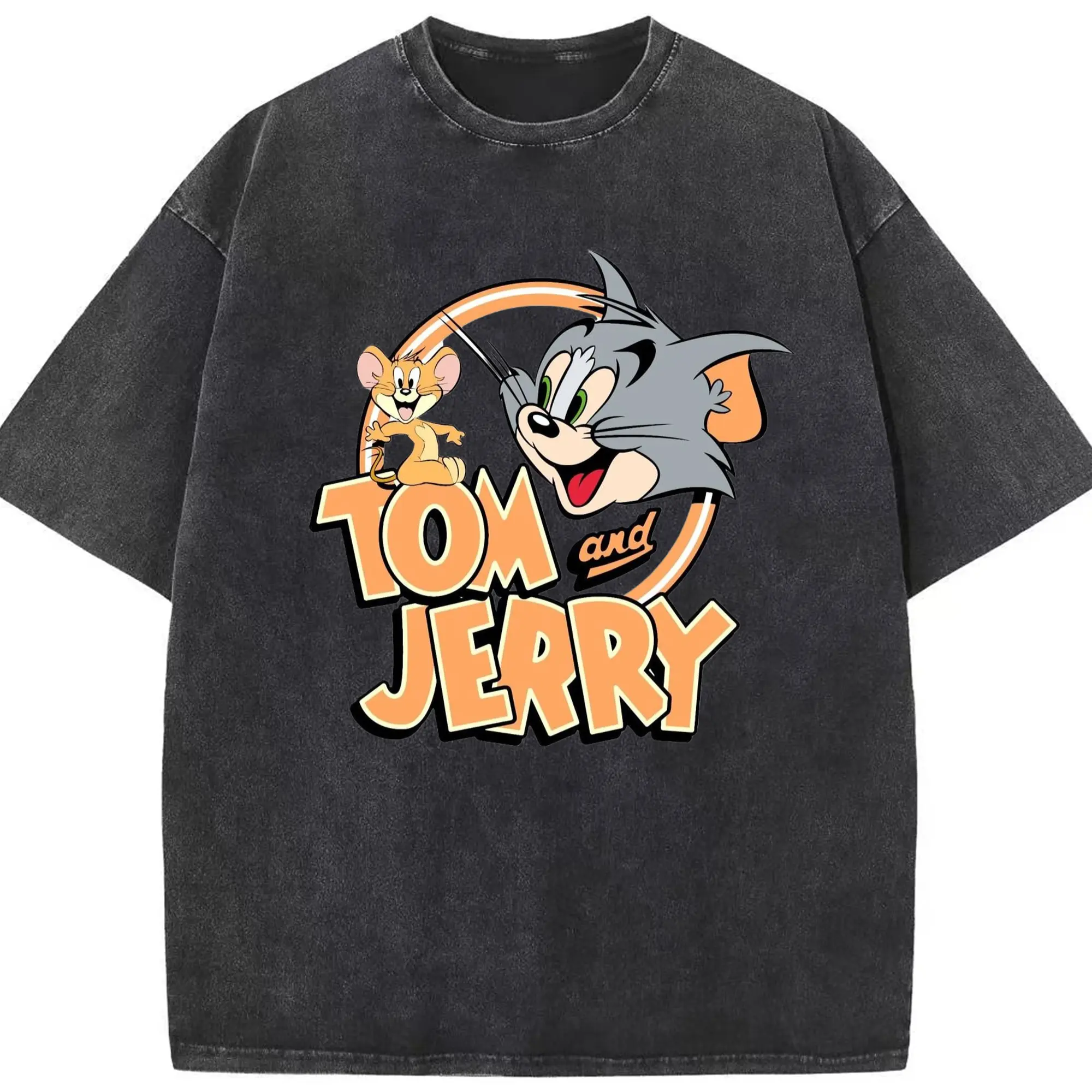 Tom and jerry men's t shirt​ - Washed Vintage Look 230g Cotton Oversized T-Shirt With Front Heat Transfer Print – Soft, Lightweight, Stylish Fit – Comfortable Casual Wear For Sports & Everyday Use