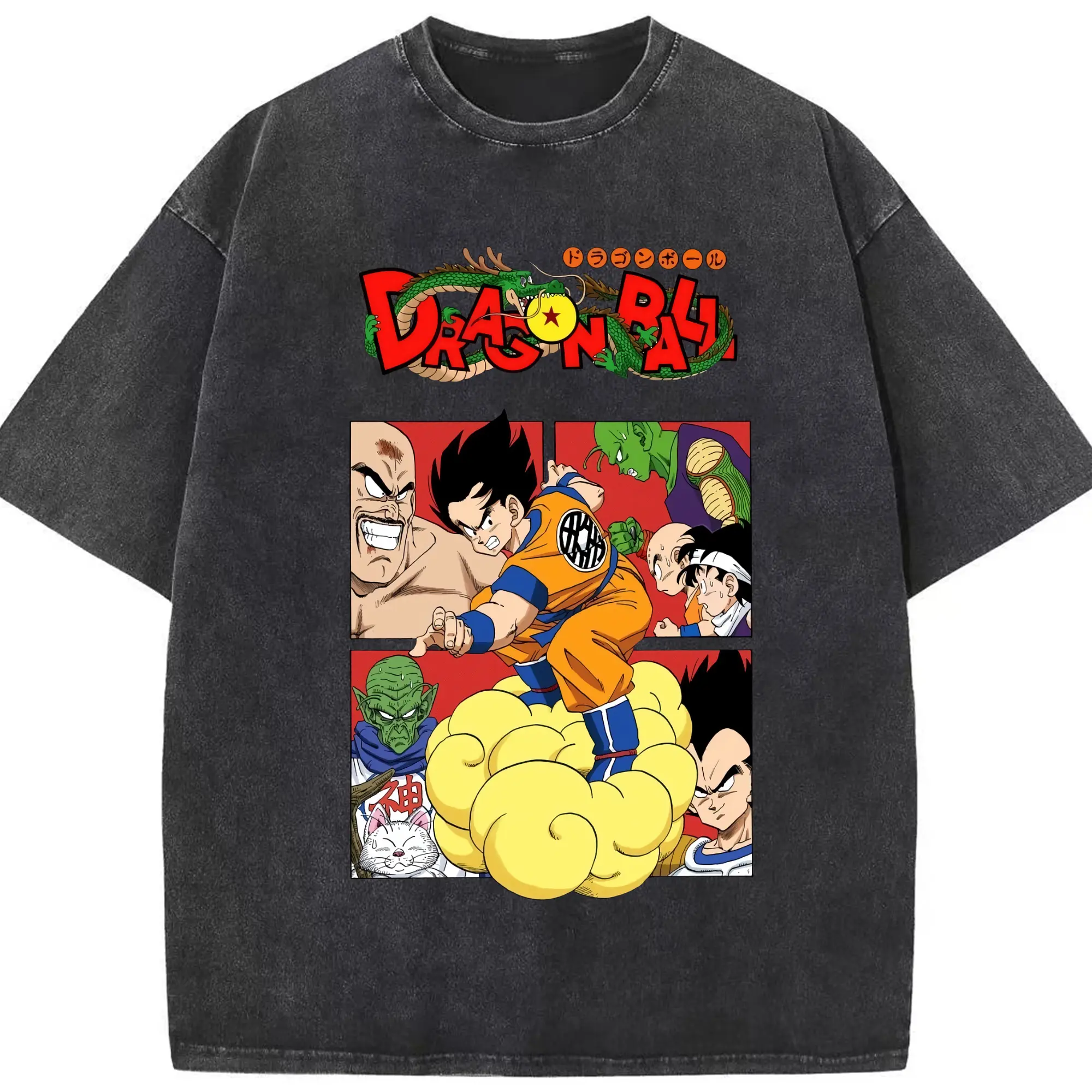 Dragon ball z Son Goku collage shirt​ - Washed Vintage Look 230g Cotton Oversized T-Shirt With Front Heat Transfer Print – Soft, Lightweight, Stylish Fit – Comfortable Casual Wear For Sports & Everyday Use