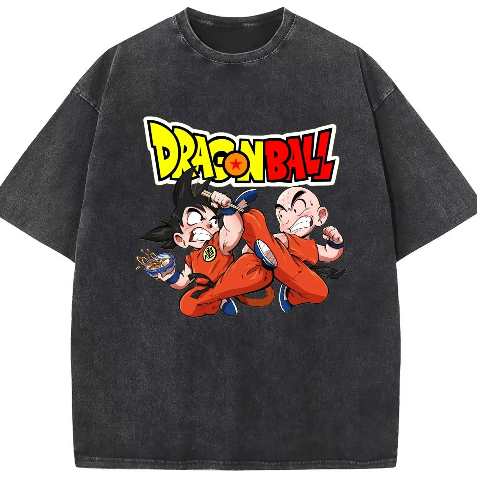 Dragon ball krillin and son goku t-shirt - Washed Vintage Look 230g Cotton Oversized T-Shirt With Front Heat Transfer Print – Soft, Lightweight, Stylish Fit – Comfortable Casual Wear For Sports & Everyday Use