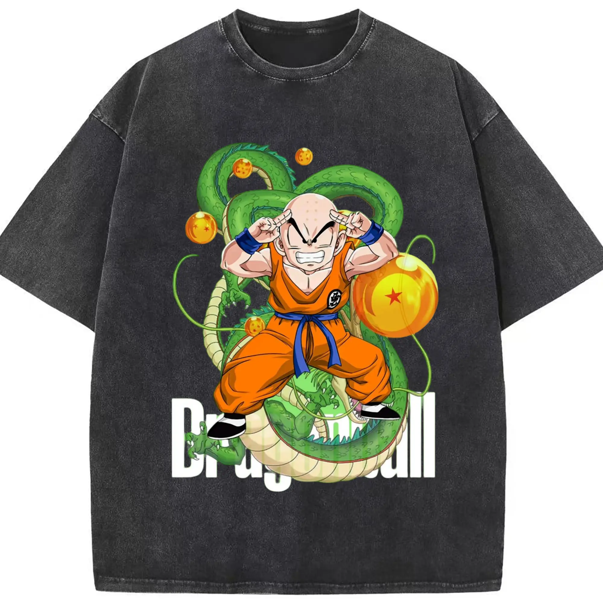 Dragon ball krillin graphic shirt​ - Washed Vintage Look 230g Cotton Oversized T-Shirt With Front Heat Transfer Print – Soft, Lightweight, Stylish Fit – Comfortable Casual Wear For Sports & Everyday Use