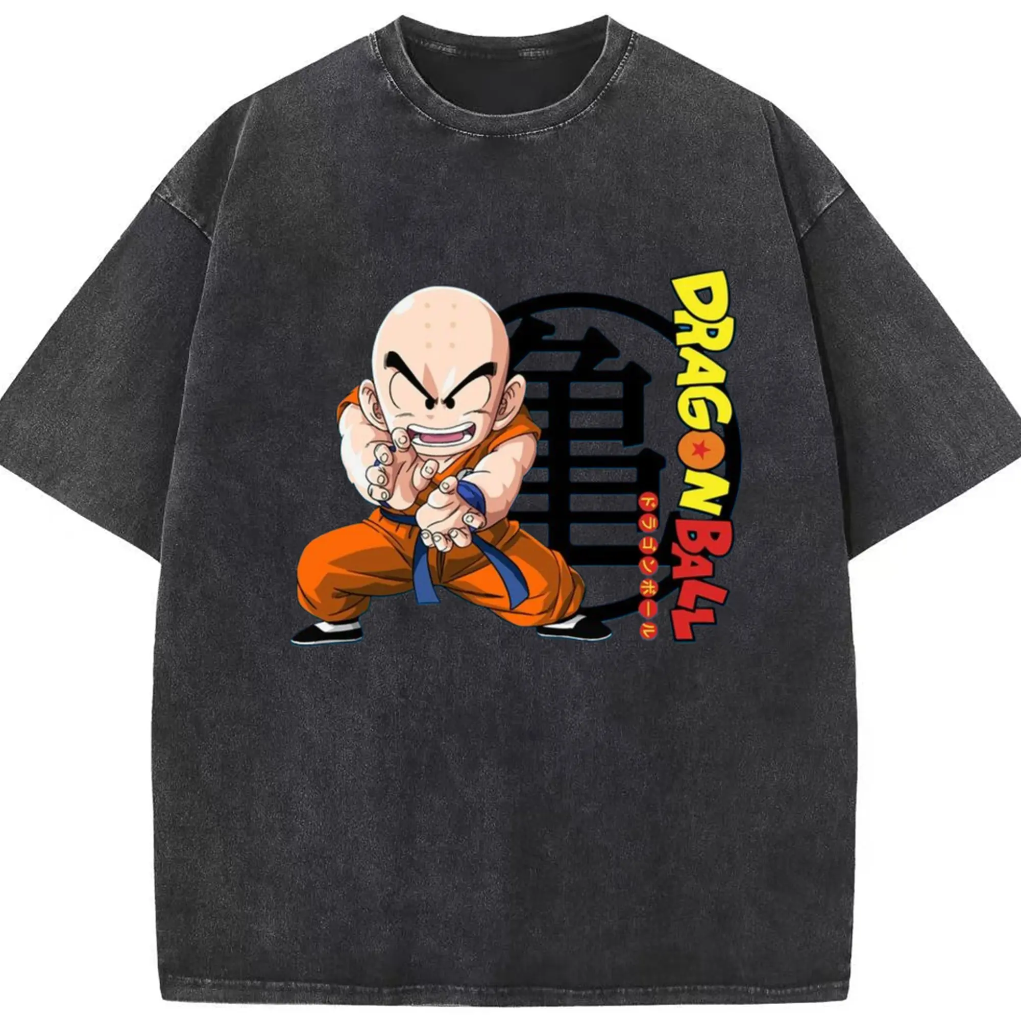 Dragon ball krillin tee - Washed Vintage Look 230g Cotton Oversized T-Shirt With Front Heat Transfer Print – Soft, Lightweight, Stylish Fit – Comfortable Casual Wear For Sports & Everyday Use
