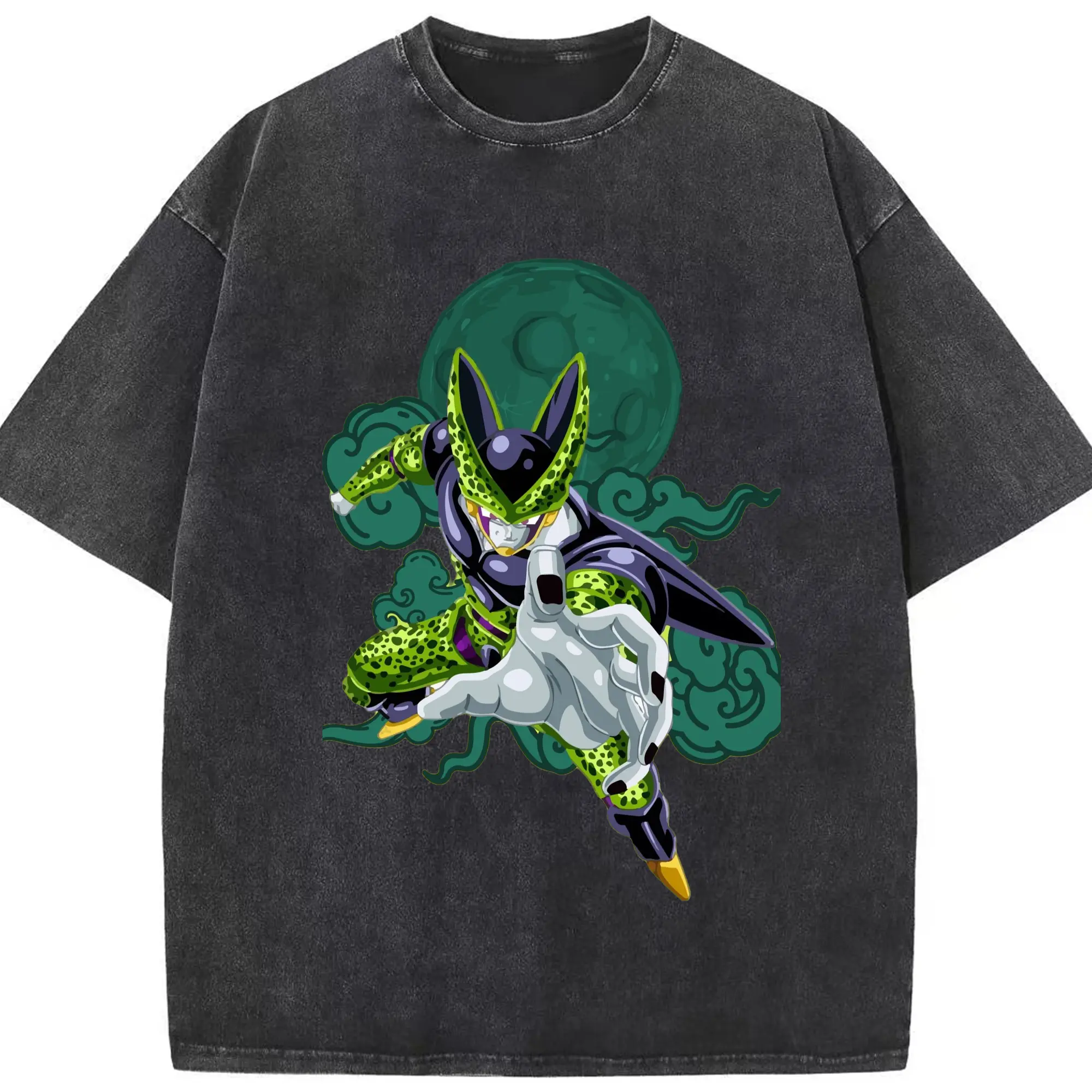 Dragon Ball Cell T Shirt - Washed Vintage Look 230g Cotton Oversized T-Shirt With Front Heat Transfer Print – Soft, Lightweight, Stylish Fit – Comfortable Casual Wear For Sports & Everyday Use