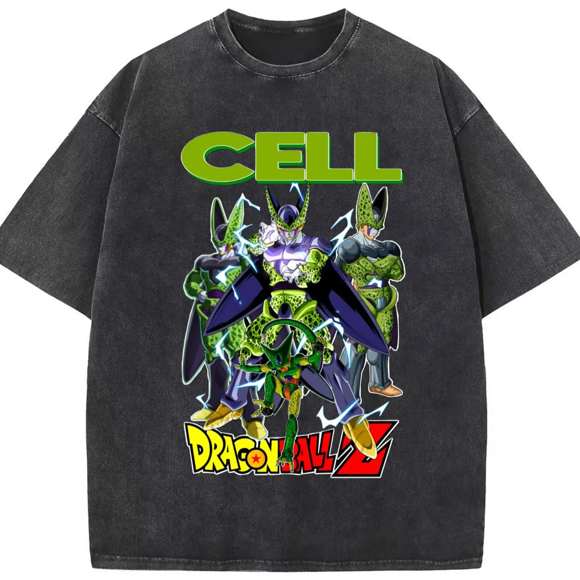 Dragon ball z cell collage graphic shirt​ - Washed Vintage Look 230g Cotton Oversized T-Shirt With Front Heat Transfer Print – Soft, Lightweight, Stylish Fit – Comfortable Casual Wear For Sports & Everyday Use
