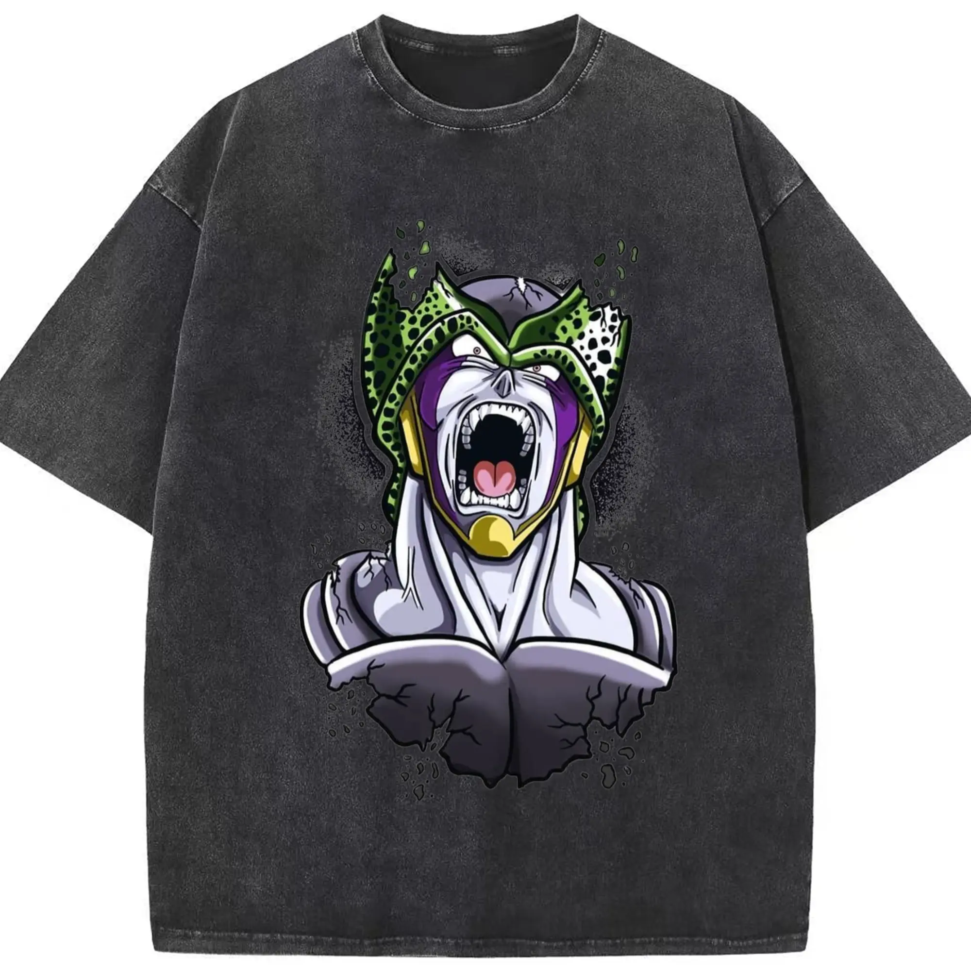 Dragon ball z cell face shirt - Washed Vintage Look 230g Cotton Oversized T-Shirt With Front Heat Transfer Print – Soft, Lightweight, Stylish Fit – Comfortable Casual Wear For Sports & Everyday Use