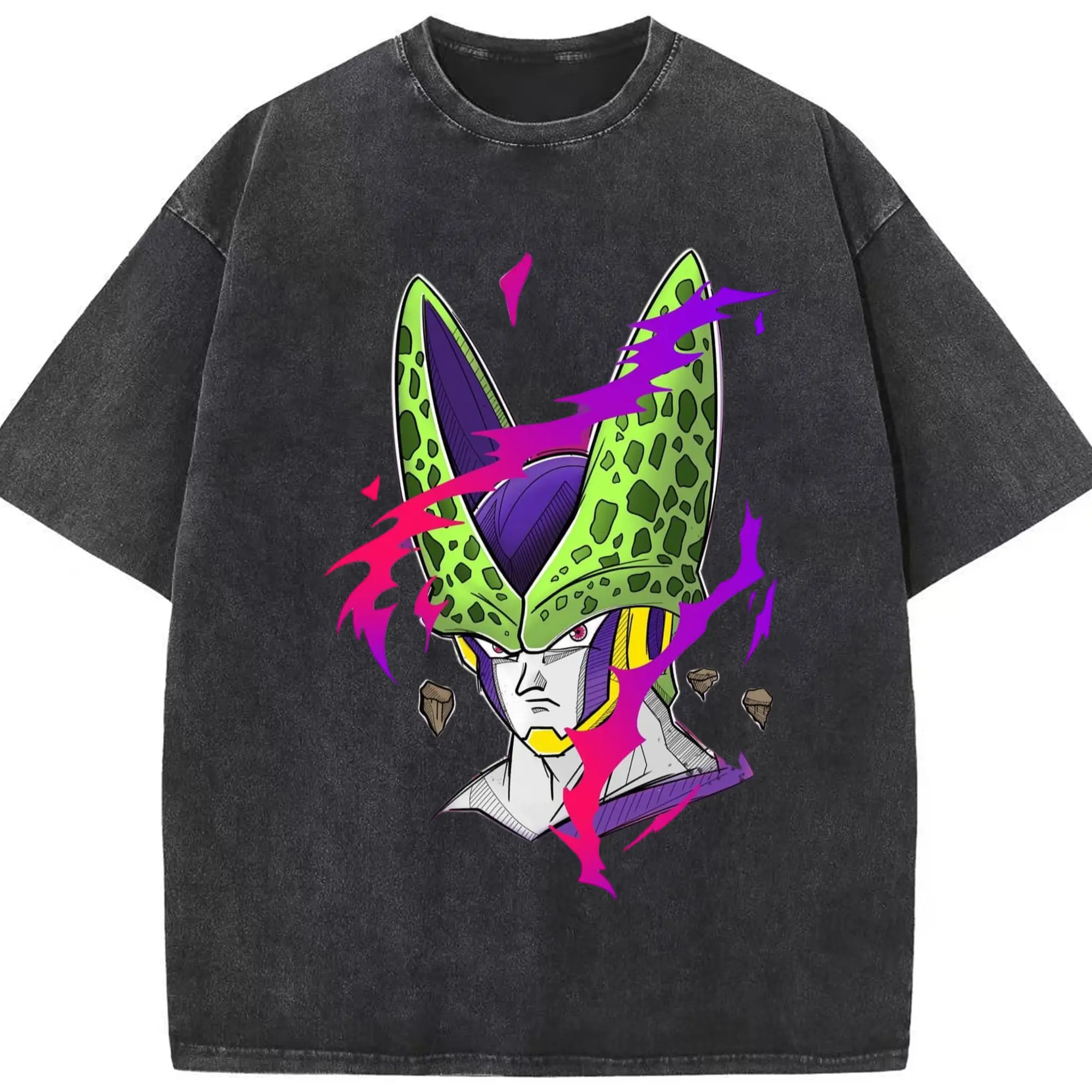 Dragon ball z cell graphic shirt​ - Washed Vintage Look 230g Cotton Oversized T-Shirt With Front Heat Transfer Print – Soft, Lightweight, Stylish Fit – Comfortable Casual Wear For Sports & Everyday Use