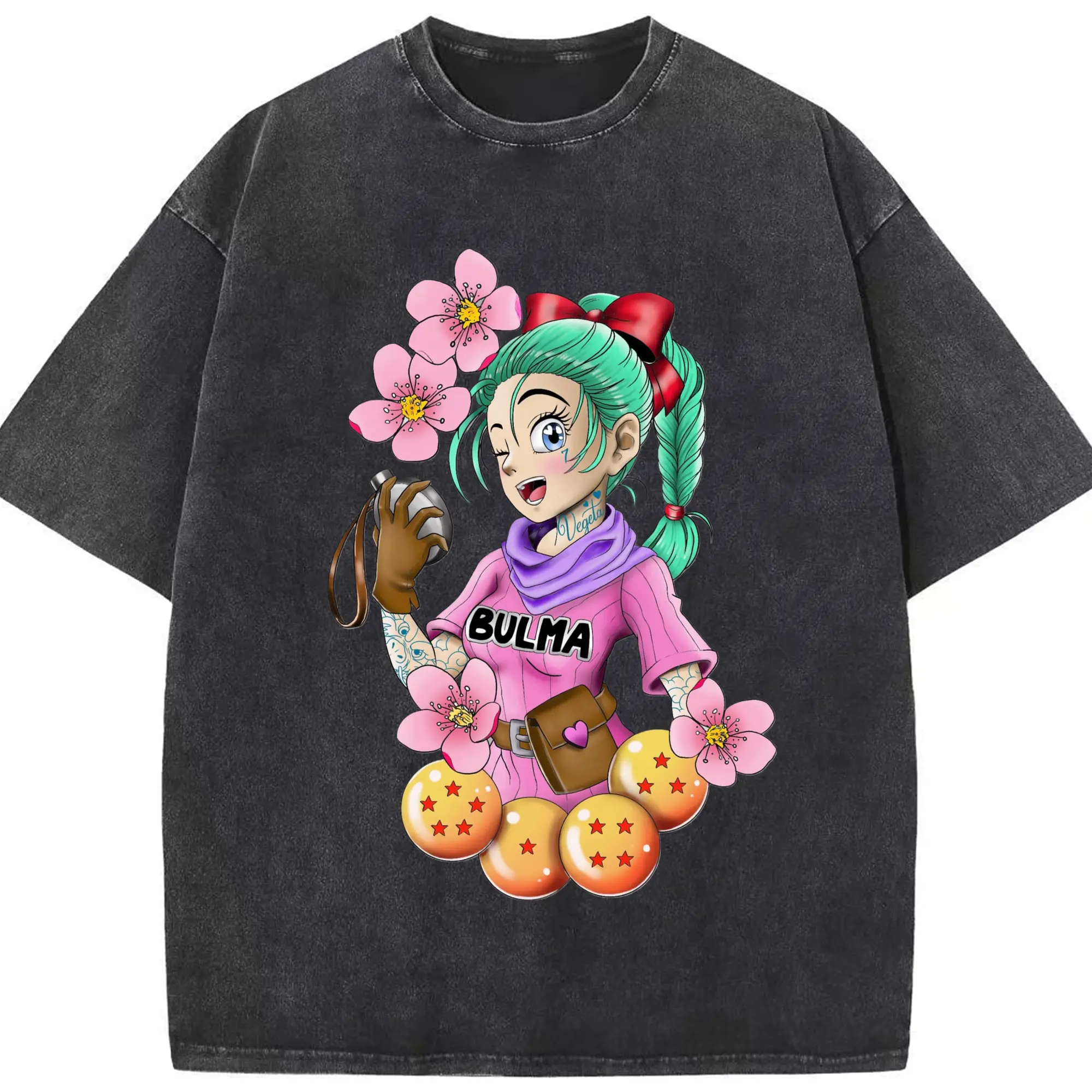 Dragon ball bulma  t-shirt - Washed Vintage Look 230g Cotton Oversized T-Shirt With Front Heat Transfer Print – Soft, Lightweight, Stylish Fit – Comfortable Casual Wear For Sports & Everyday Use
