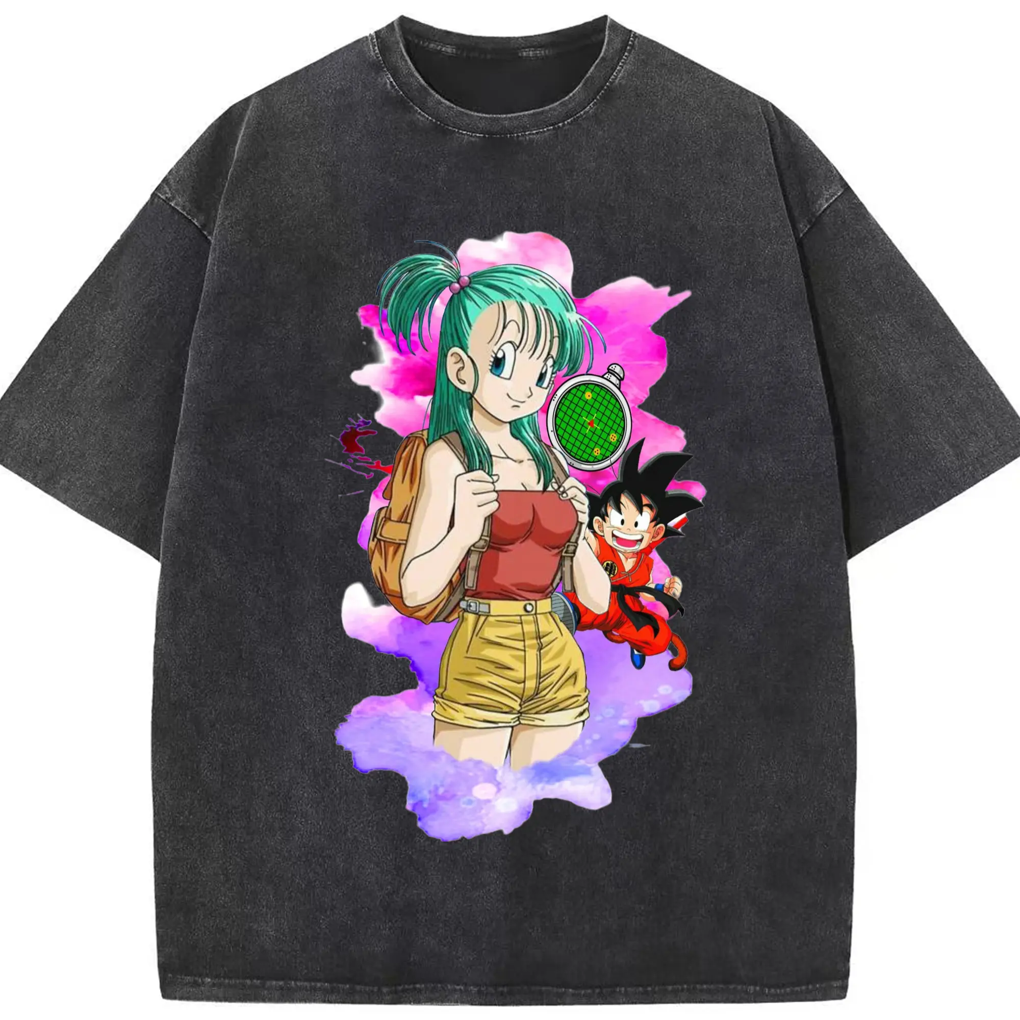 Dragon ball bulma cartoon graphic t-shirt - Washed Vintage Look 230g Cotton Oversized T-Shirt With Front Heat Transfer Print – Soft, Lightweight, Stylish Fit – Comfortable Casual Wear For Sports & Everyday Use