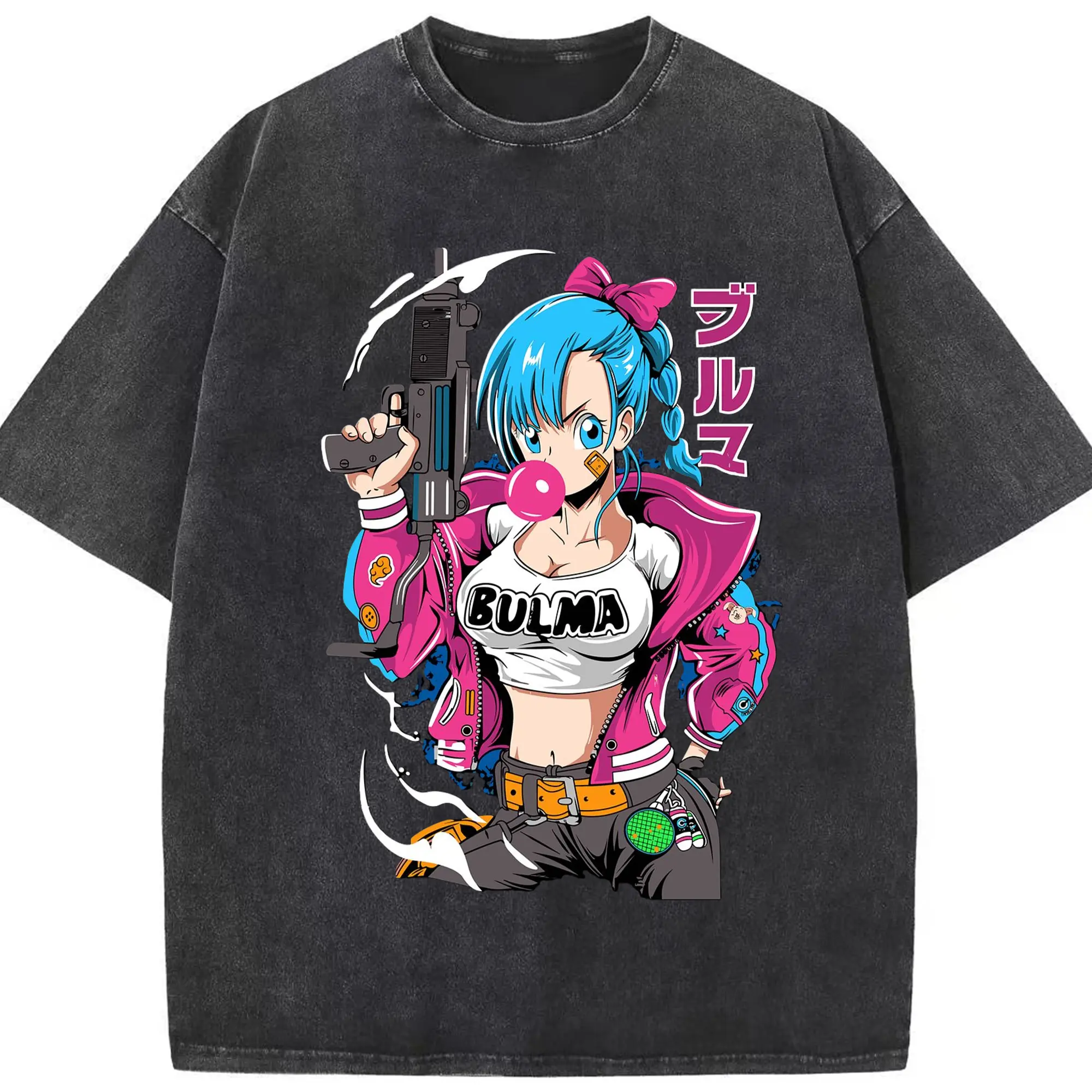 Dragon ball bulma graphic tee - Washed Vintage Look 230g Cotton Oversized T-Shirt With Front Heat Transfer Print – Soft, Lightweight, Stylish Fit – Comfortable Casual Wear For Sports & Everyday Use