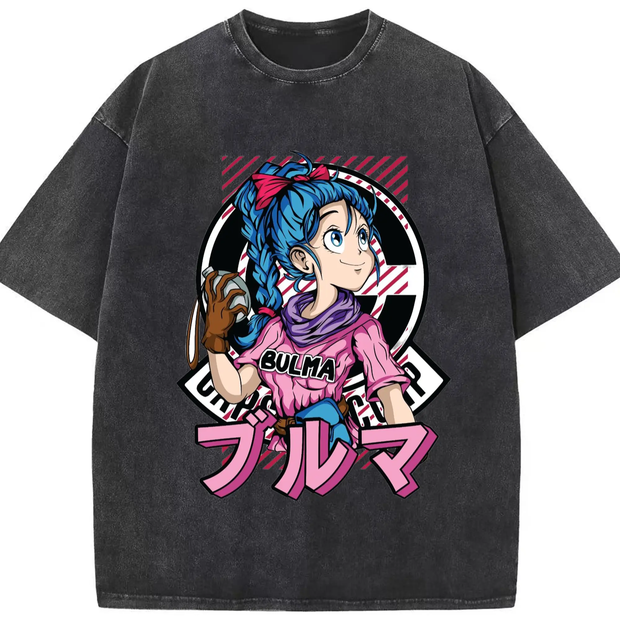 Men's Graphic T Shirt Dragon Ball Bulma tee - Washed Vintage Look 230g Cotton Oversized T-Shirt With Front Heat Transfer Print – Soft, Lightweight, Stylish Fit – Comfortable Casual Wear For Sports & Everyday Use