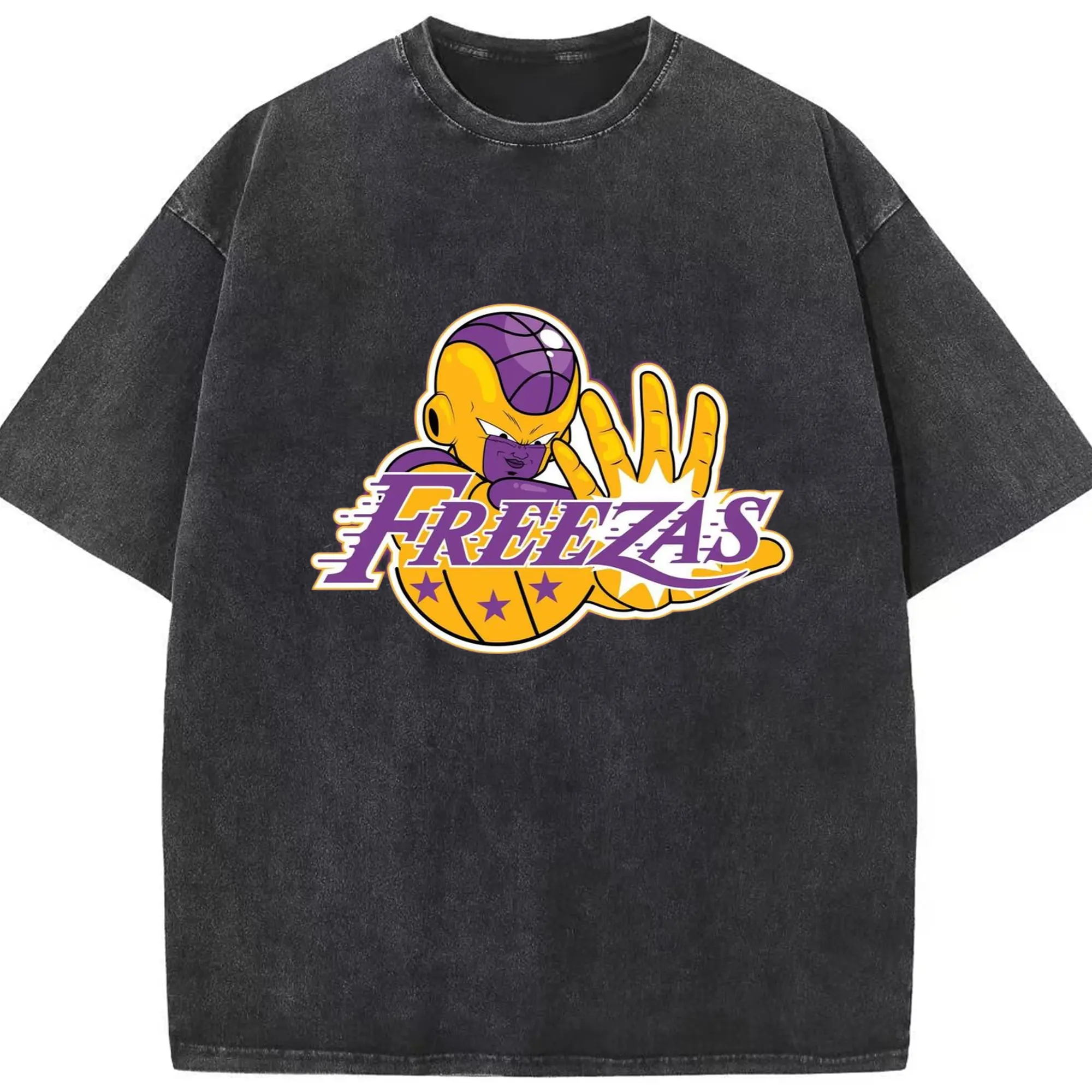Dragon Ball Freeza face Lakers Tee - Washed Vintage Look 230g Cotton Oversized T-Shirt With Front Heat Transfer Print – Soft, Lightweight, Stylish Fit – Comfortable Casual Wear For Sports & Everyday Use
