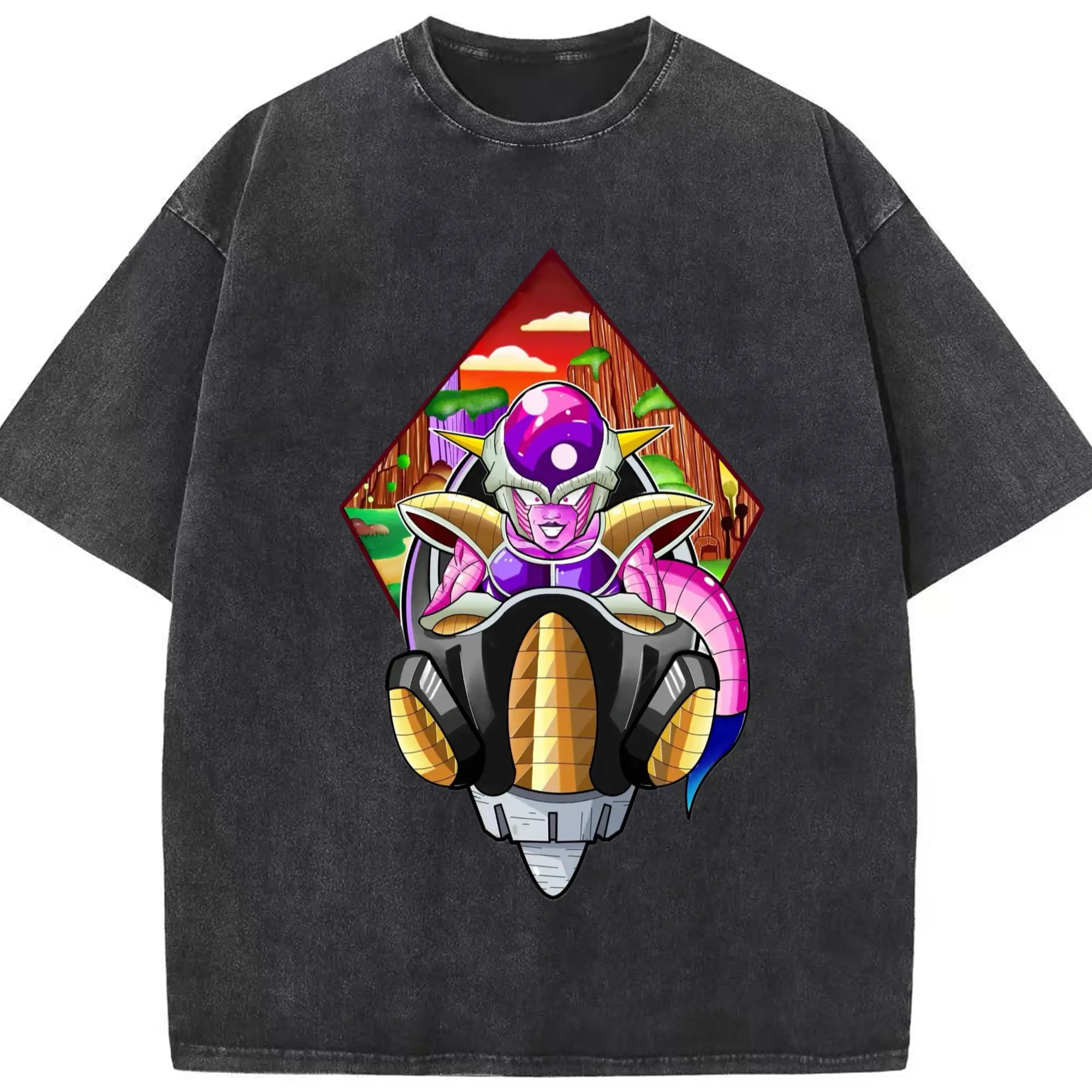 Men's Dragon Ball Freeza  t-shirt - Washed Vintage Look 230g Cotton Oversized T-Shirt With Front Heat Transfer Print – Soft, Lightweight, Stylish Fit – Comfortable Casual Wear For Sports & Everyday Use