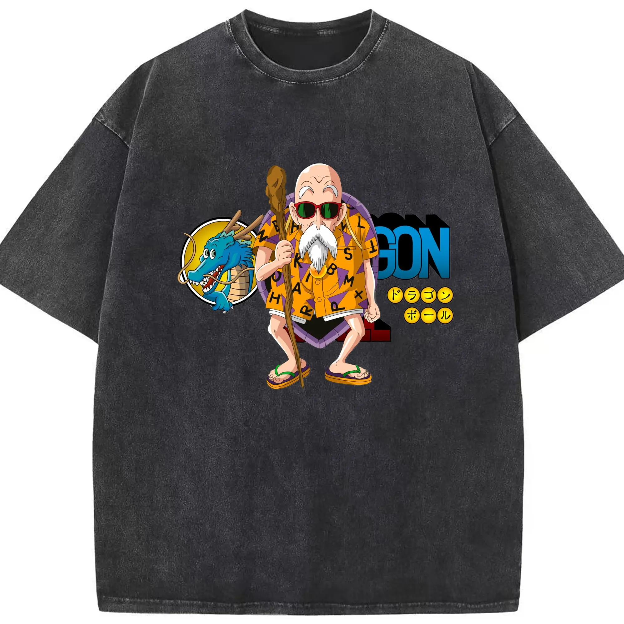 Dragon Ball Master Roshi graphic Tee - Washed Vintage Look 230g Cotton Oversized T-Shirt With Front Heat Transfer Print – Soft, Lightweight, Stylish Fit – Comfortable Casual Wear For Sports & Everyday Use