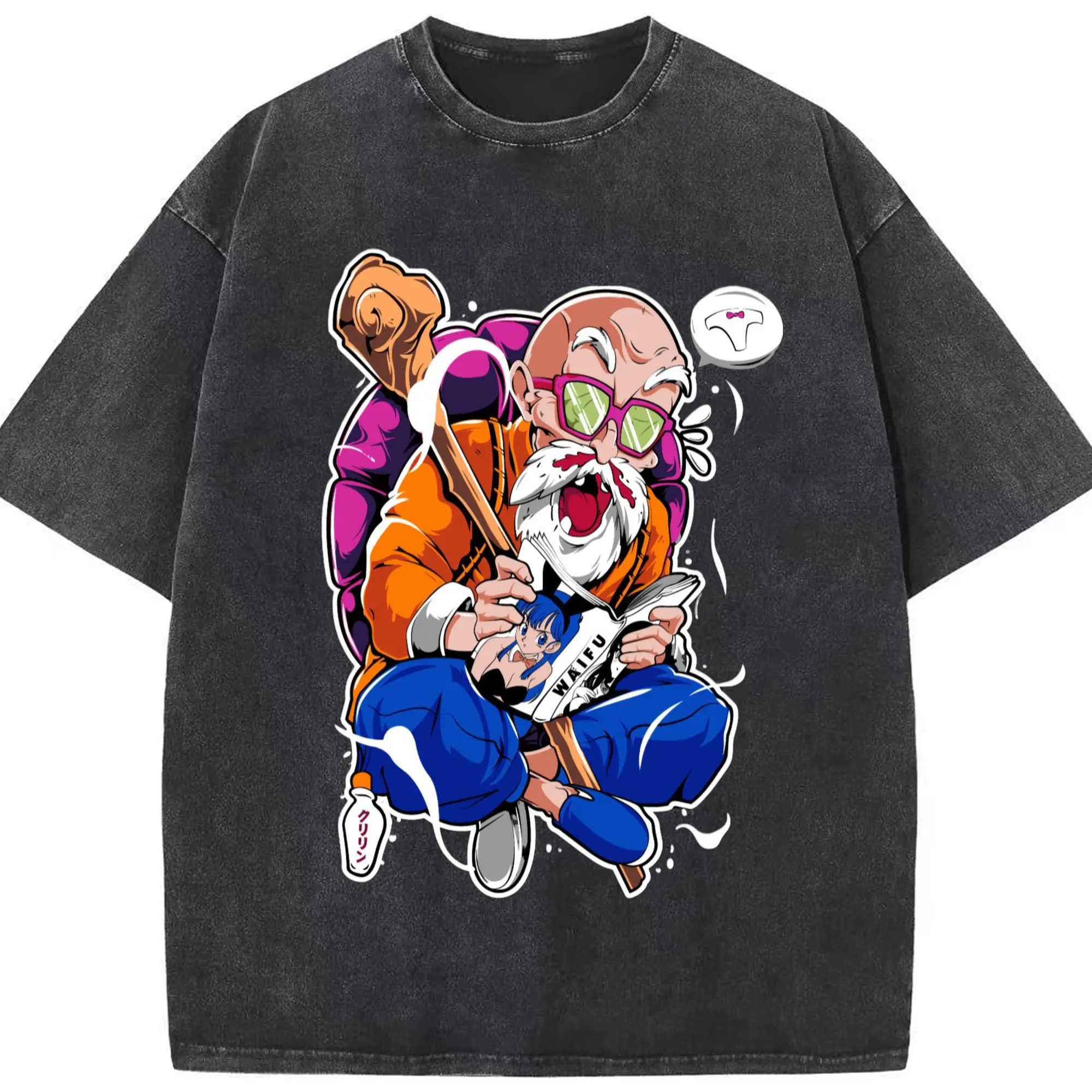 Dragon Ball Master Roshi T-Shirt - Washed Vintage Look 230g Cotton Oversized T-Shirt With Front Heat Transfer Print – Soft, Lightweight, Stylish Fit – Comfortable Casual Wear For Sports & Everyday Use