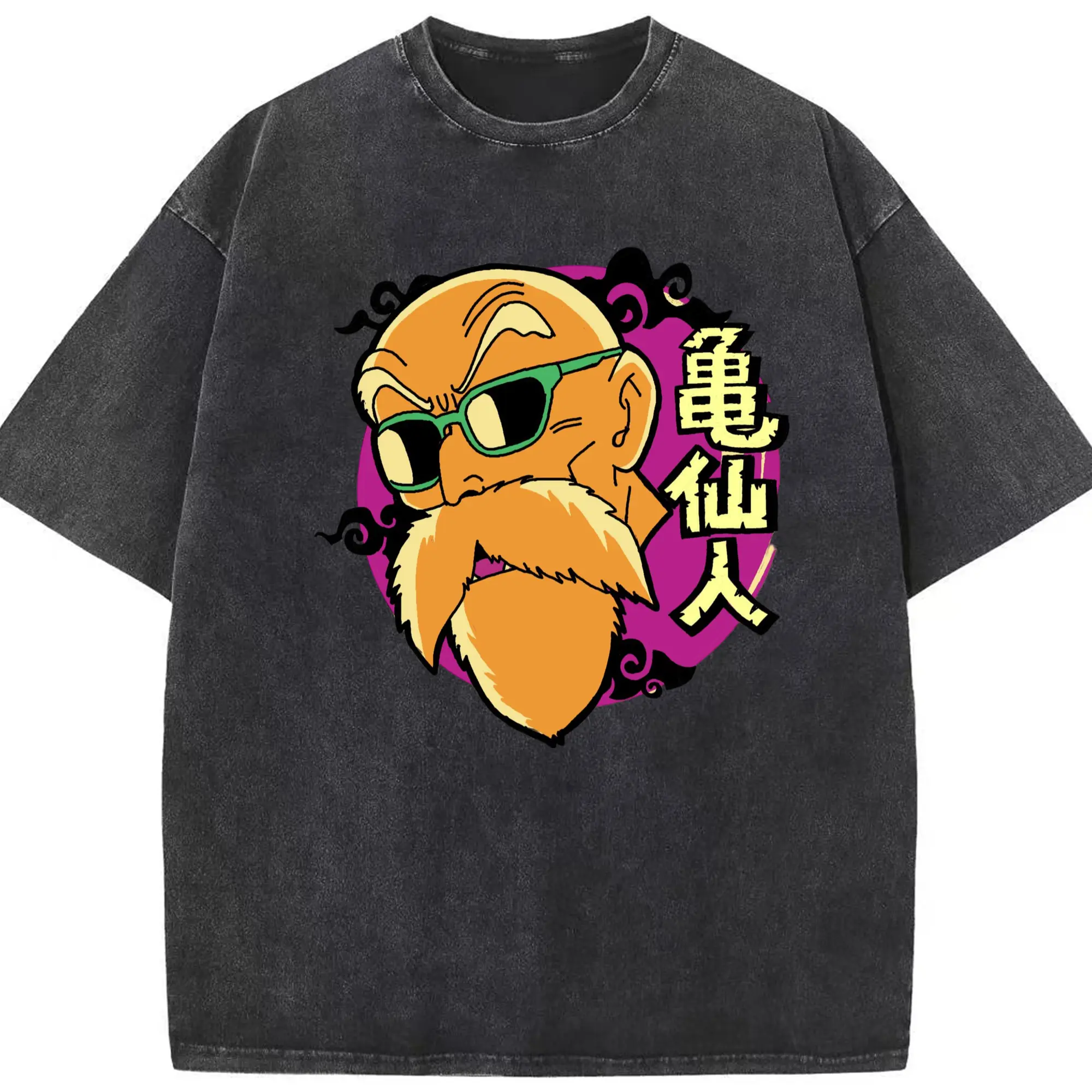 Men's Dragon Ball Master Roshi T-Shirt - Washed Vintage Look 230g Cotton Oversized T-Shirt With Front Heat Transfer Print – Soft, Lightweight, Stylish Fit – Comfortable Casual Wear For Sports & Everyday Use