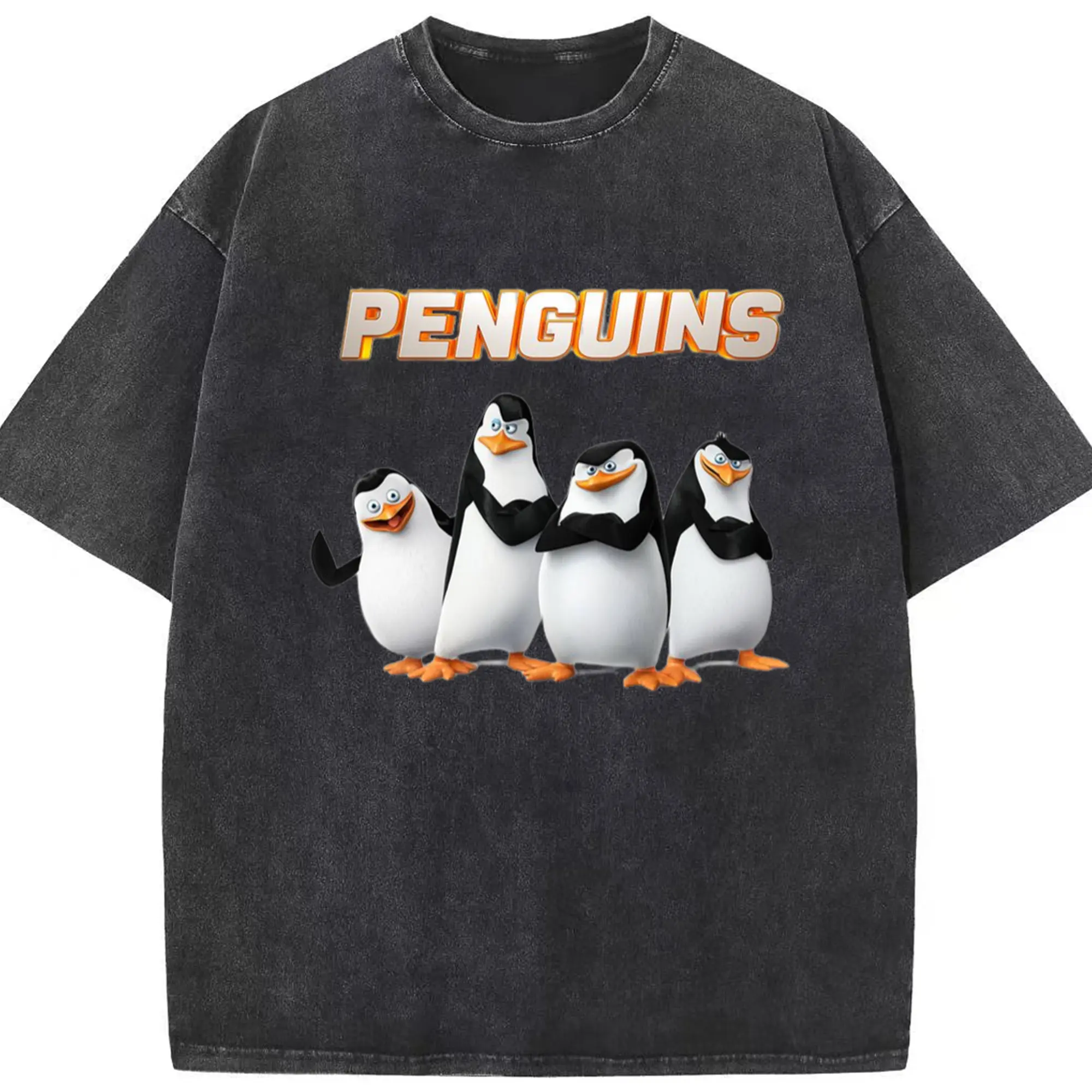 Men's penguins of madagascar t shir - Washed Vintage Look 230g Cotton Oversized T-Shirt With Front Heat Transfer Print – Soft, Lightweight, Stylish Fit – Comfortable Casual Wear For Sports & Everyday Use