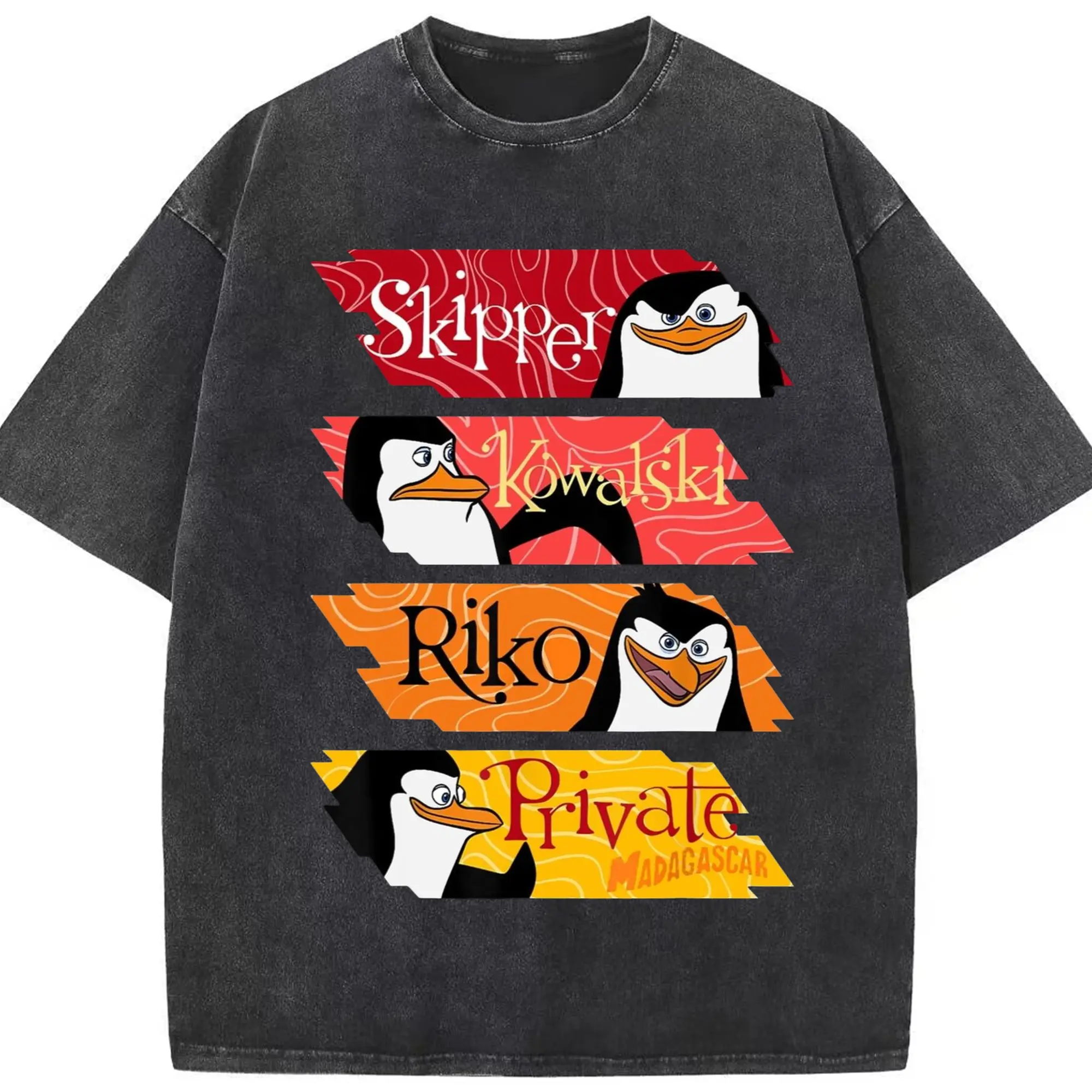 Penguins of madagascar cartoon t shirt - Washed Vintage Look 230g Cotton Oversized T-Shirt With Front Heat Transfer Print – Soft, Lightweight, Stylish Fit – Comfortable Casual Wear For Sports & Everyday Use