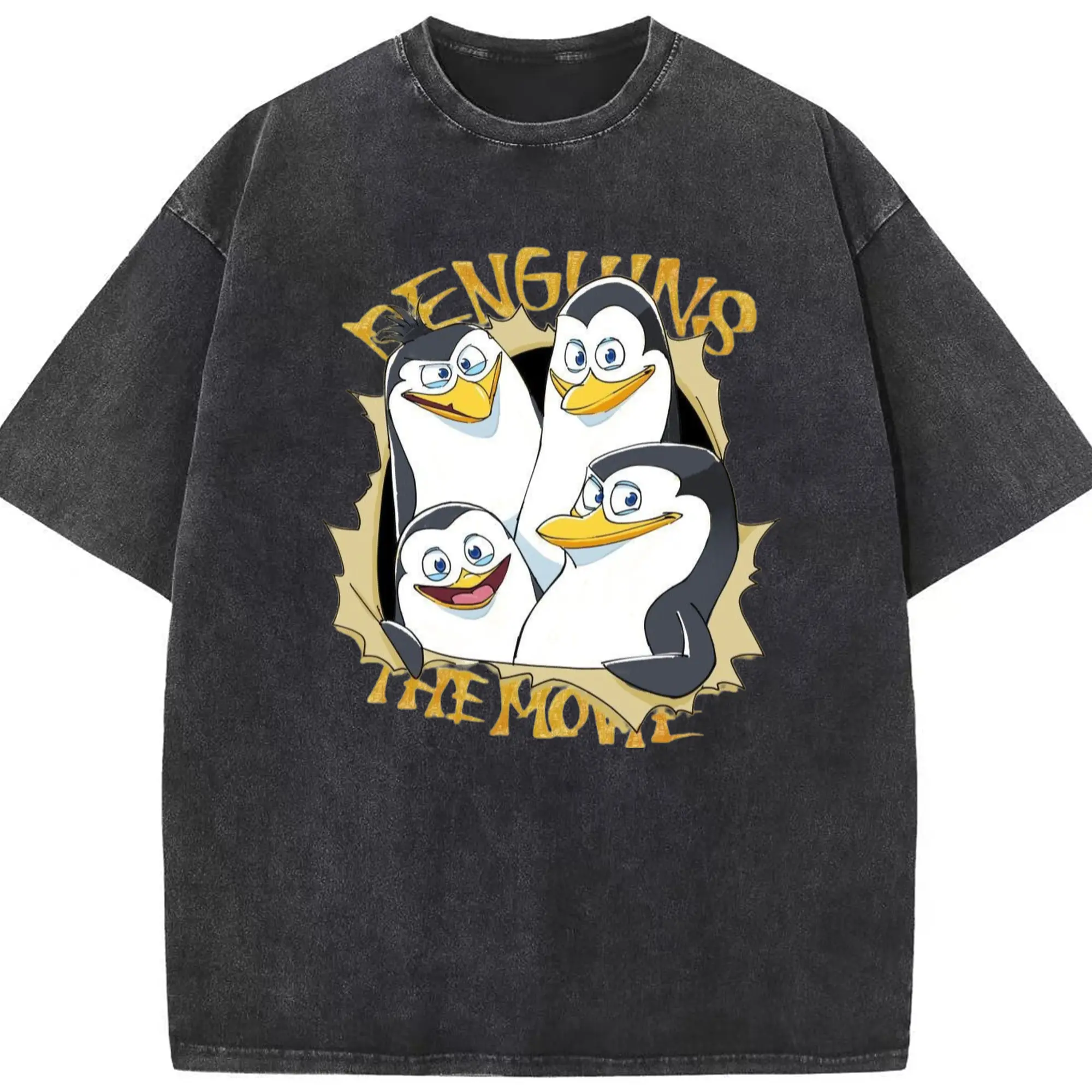 Penguins of madagascar collage t shirt​ - Washed Vintage Look 230g Cotton Oversized T-Shirt With Front Heat Transfer Print – Soft, Lightweight, Stylish Fit – Comfortable Casual Wear For Sports & Everyday Use