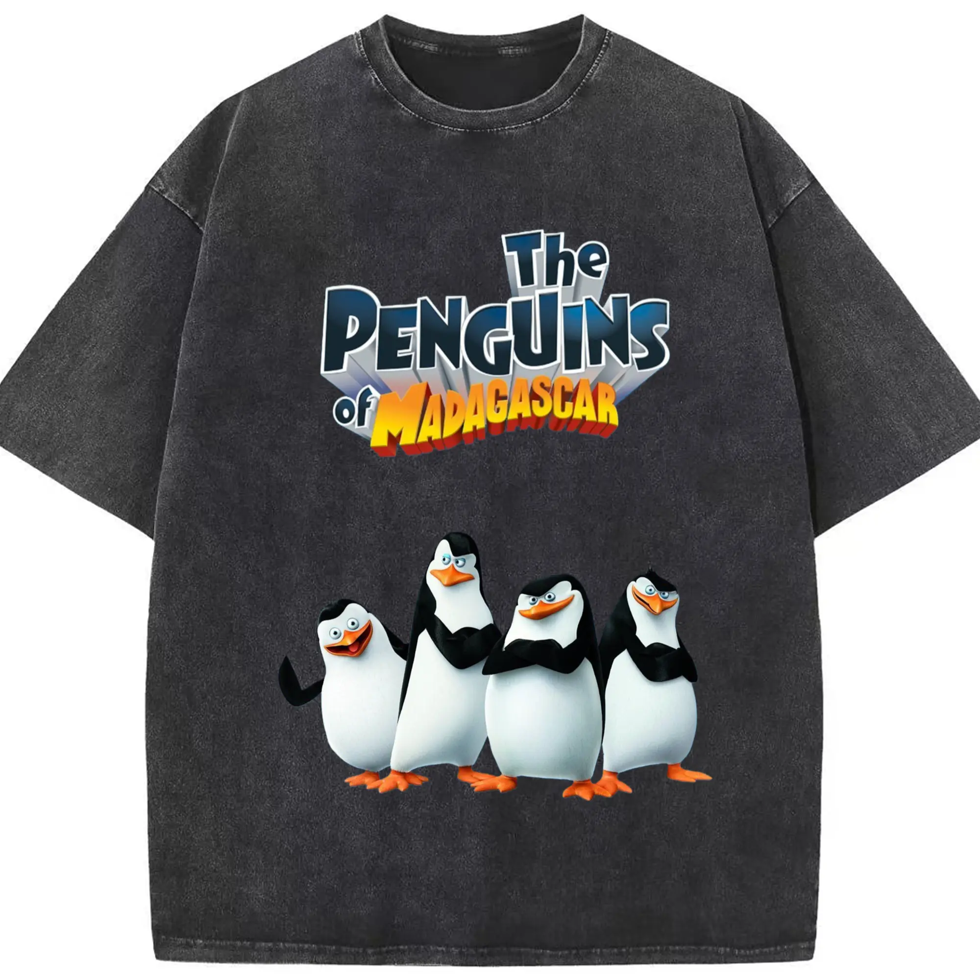 Penguins of madagascar vintage t shirt - Washed Vintage Look 230g Cotton Oversized T-Shirt With Front Heat Transfer Print – Soft, Lightweight, Stylish Fit – Comfortable Casual Wear For Sports & Everyday Use