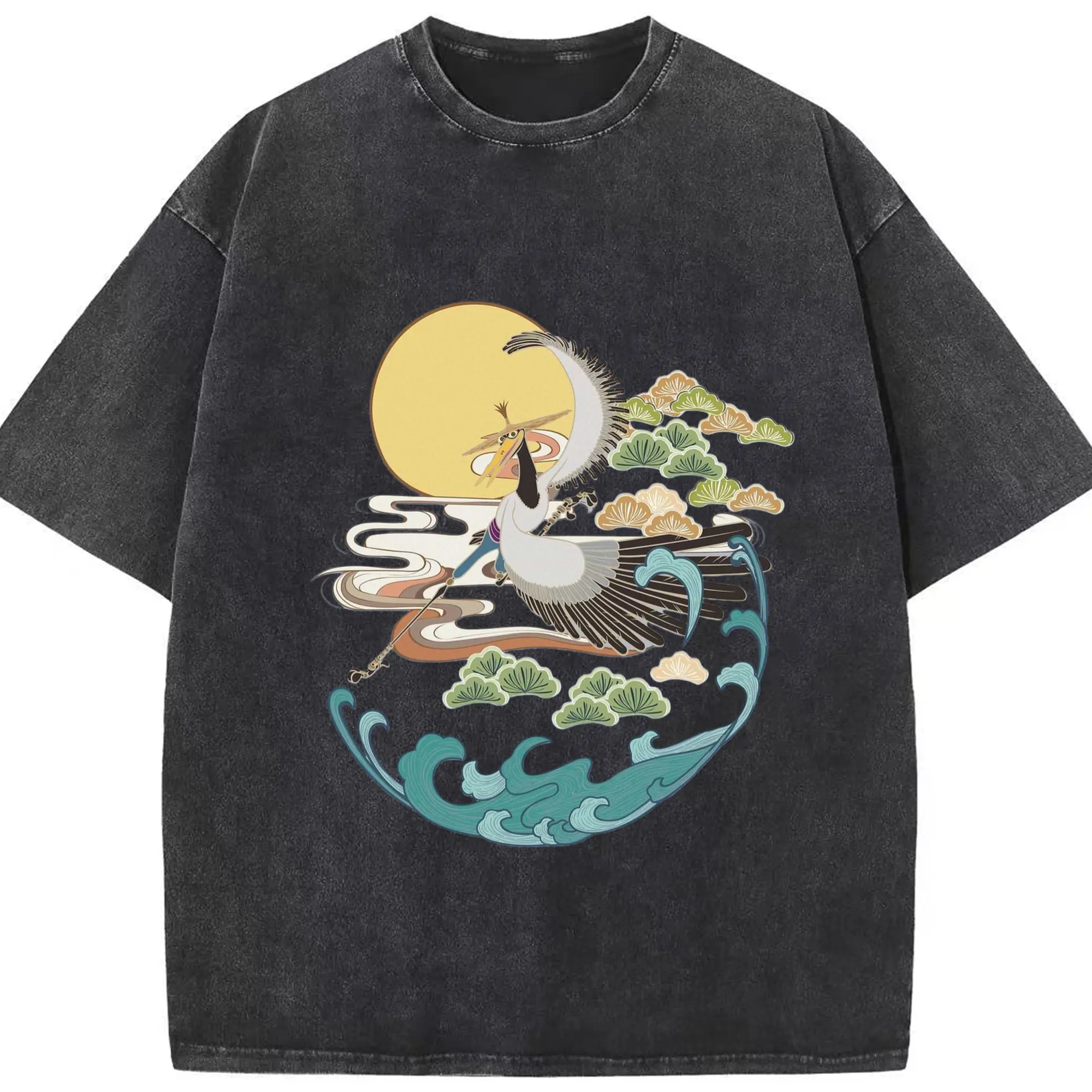 Men's Kung Fu Panda Crane‌ t-shirt - Washed Vintage Look 230g Cotton Oversized T-Shirt With Front Heat Transfer Print – Soft, Lightweight, Stylish Fit – Comfortable Casual Wear For Sports & Everyday Use