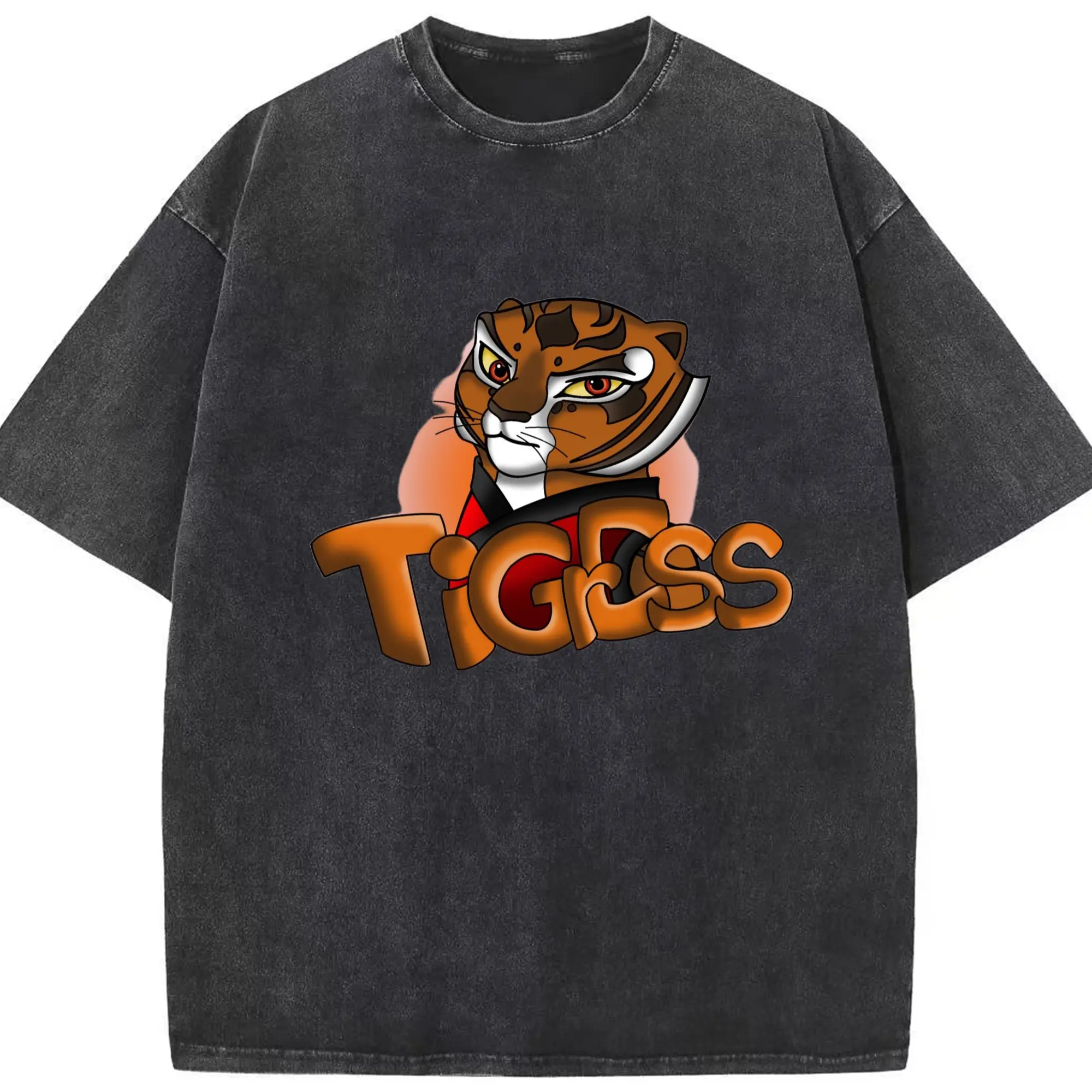 Tigress Kung Fu Panda Shirt - Washed Vintage Look 230g Cotton Oversized T-Shirt With Front Heat Transfer Print – Soft, Lightweight, Stylish Fit – Comfortable Casual Wear For Sports & Everyday Use