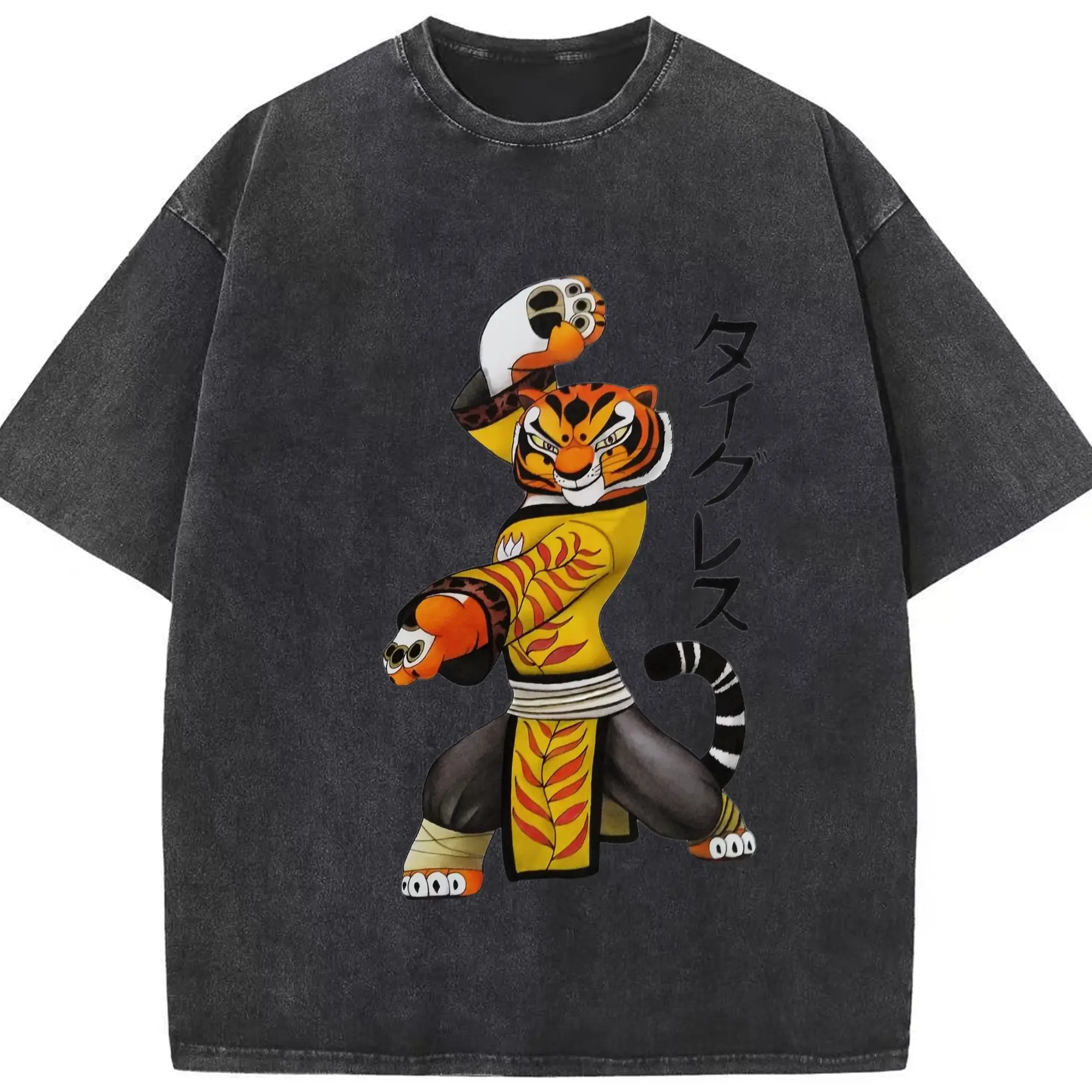 Tigress Kung Fu Panda tee - Washed Vintage Look 230g Cotton Oversized T-Shirt With Front Heat Transfer Print – Soft, Lightweight, Stylish Fit – Comfortable Casual Wear For Sports & Everyday Use