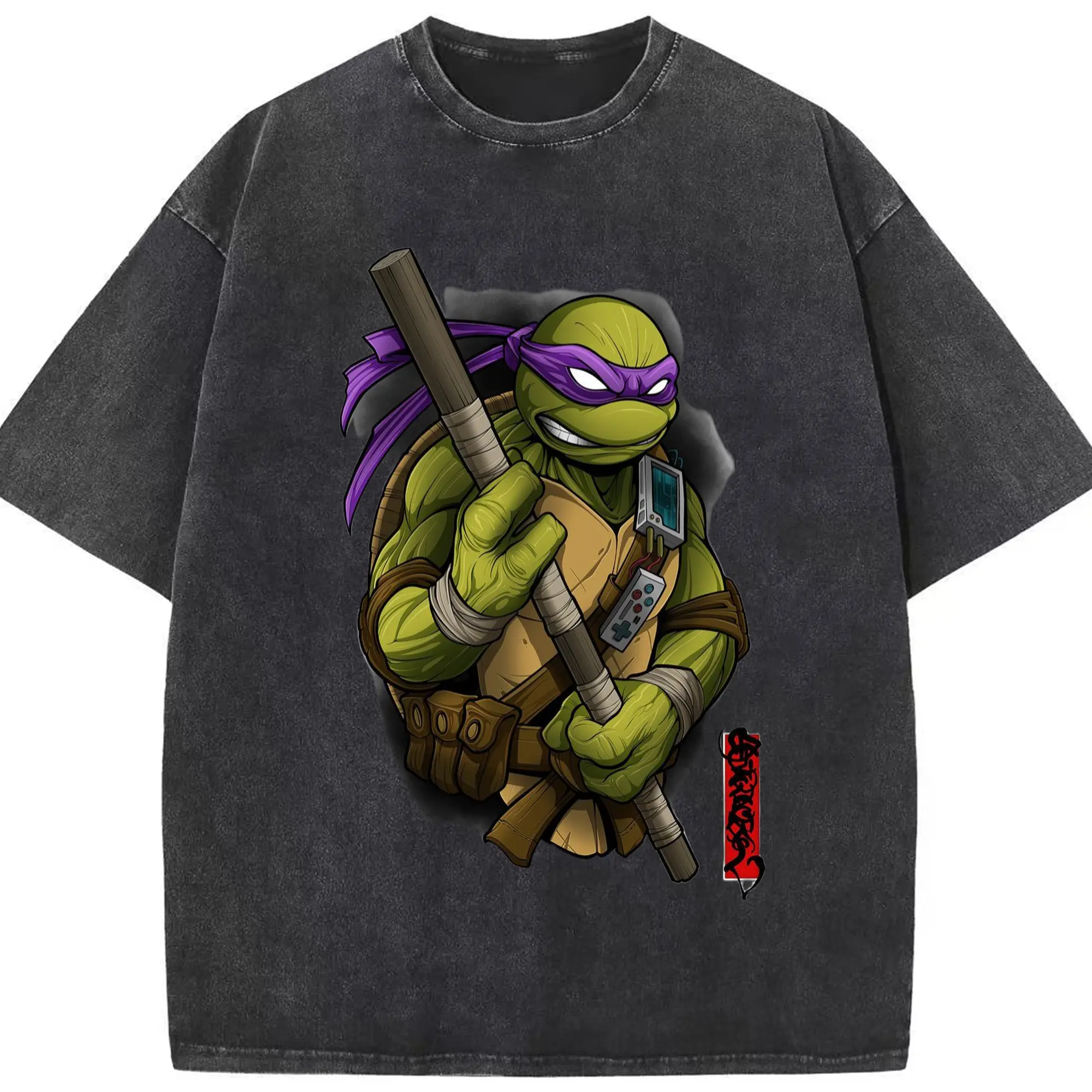 Teenage Mutant Ninja Turtles Donatello  T-Shirt - Washed Vintage Look 230g Cotton Oversized T-Shirt With Front Heat Transfer Print – Soft, Lightweight, Stylish Fit – Comfortable Casual Wear For Sports & Everyday Use
