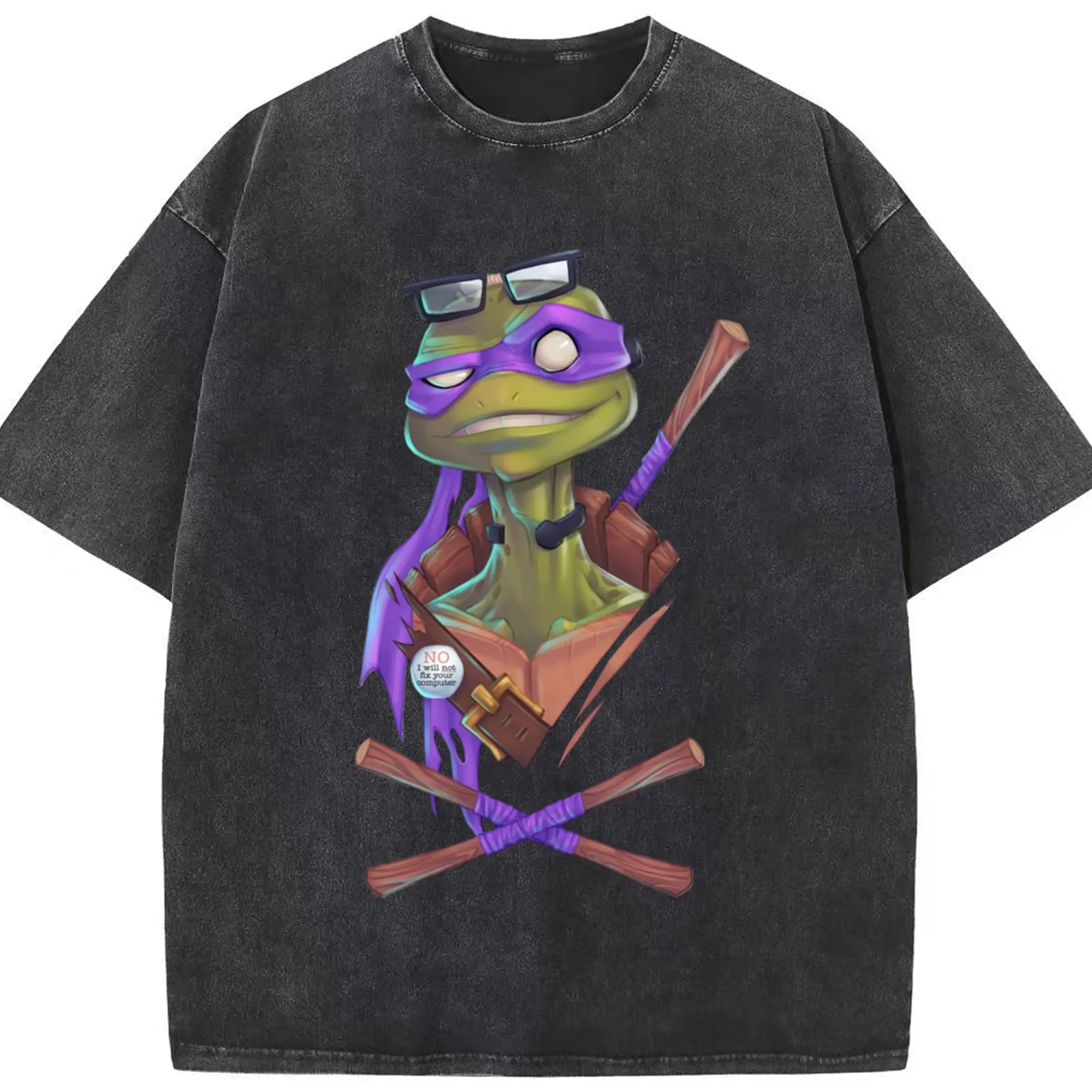 Teenage Mutant Ninja Turtles Donatello Face T-Shirt - Washed Vintage Look 230g Cotton Oversized T-Shirt With Front Heat Transfer Print – Soft, Lightweight, Stylish Fit – Comfortable Casual Wear For Sports & Everyday Use