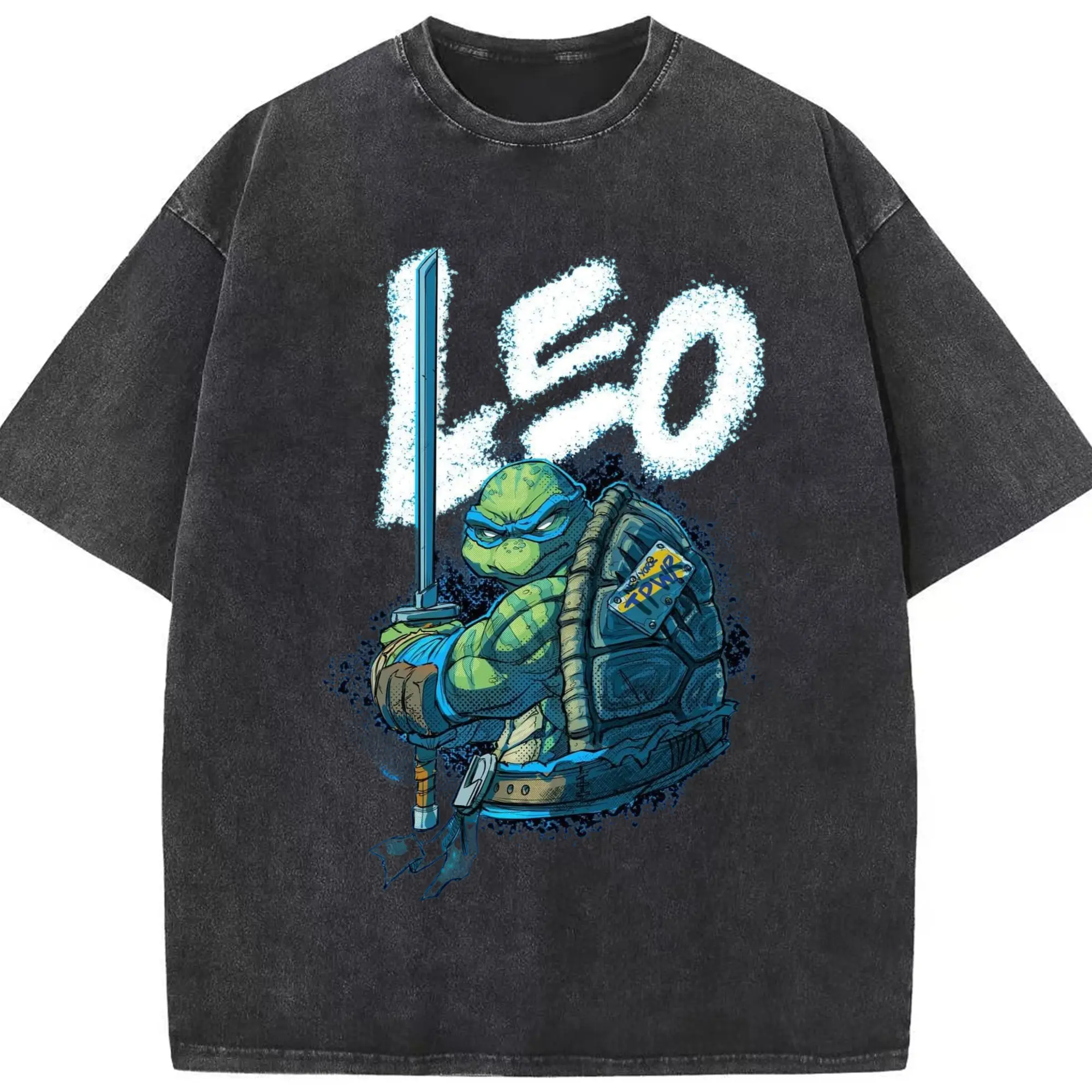 Men's Teenage Mutant Ninja Turtles Leonardo T-Shirt - Washed Vintage Look 230g Cotton Oversized T-Shirt With Front Heat Transfer Print – Soft, Lightweight, Stylish Fit – Comfortable Casual Wear For Sports & Everyday Use