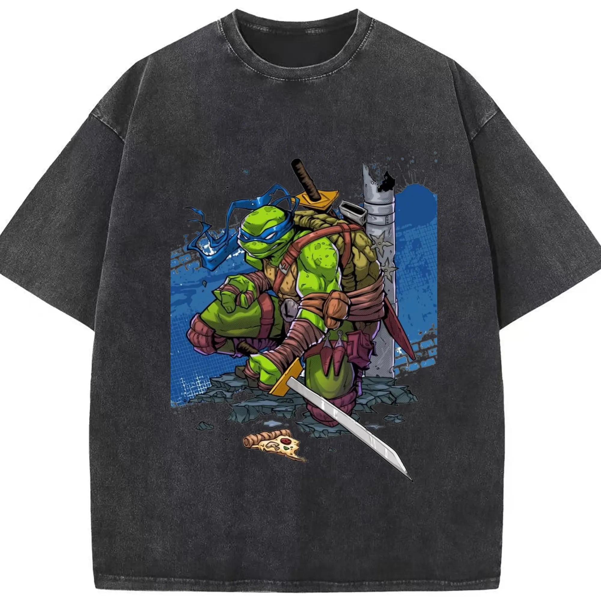 Teenage Mutant Ninja Turtles Leonardo graphic T-Shirt - Washed Vintage Look 230g Cotton Oversized T-Shirt With Front Heat Transfer Print – Soft, Lightweight, Stylish Fit – Comfortable Casual Wear For Sports & Everyday Use