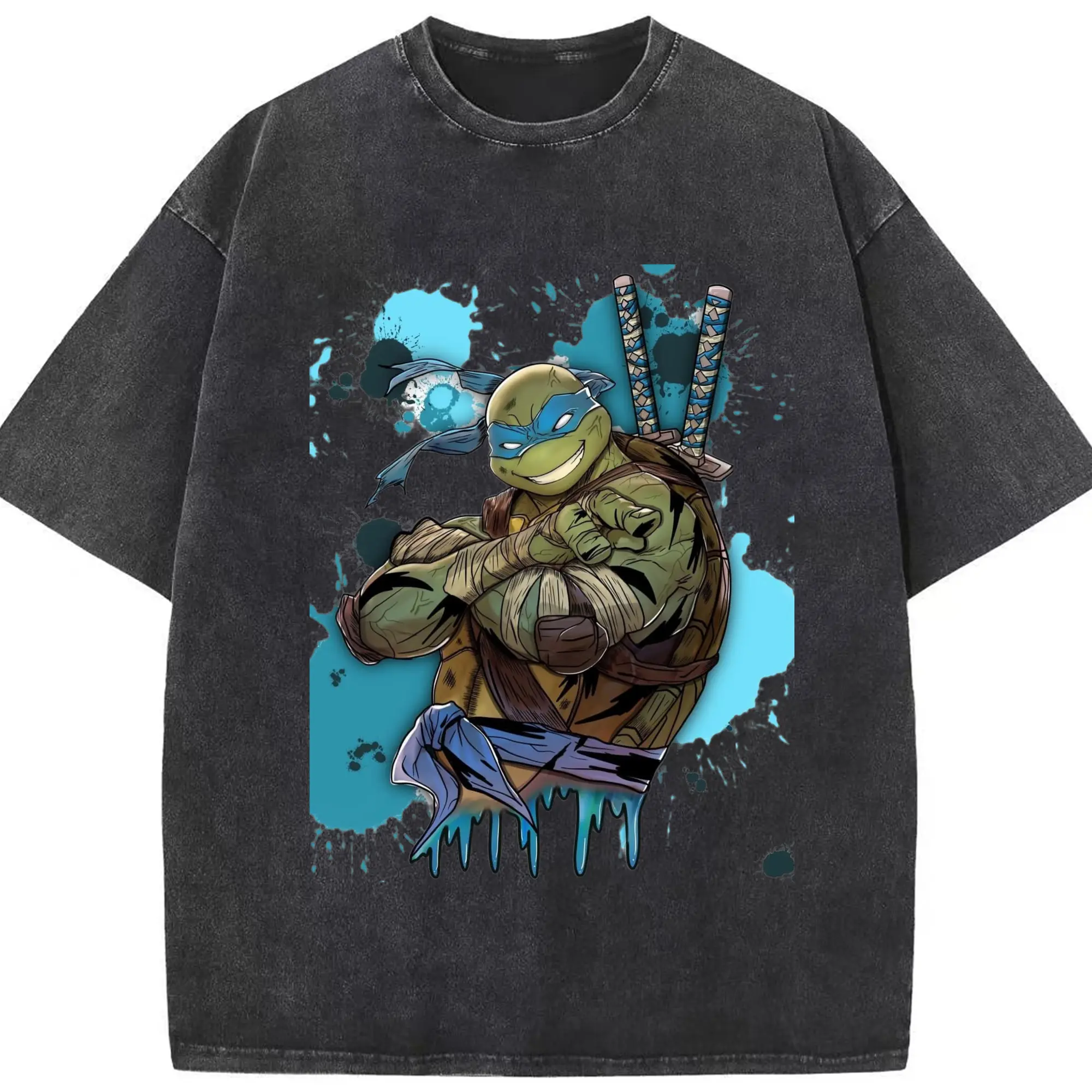 Teenage Mutant Ninja Turtles Leonardo T-Shirt - Washed Vintage Look 230g Cotton Oversized T-Shirt With Front Heat Transfer Print – Soft, Lightweight, Stylish Fit – Comfortable Casual Wear For Sports & Everyday Use