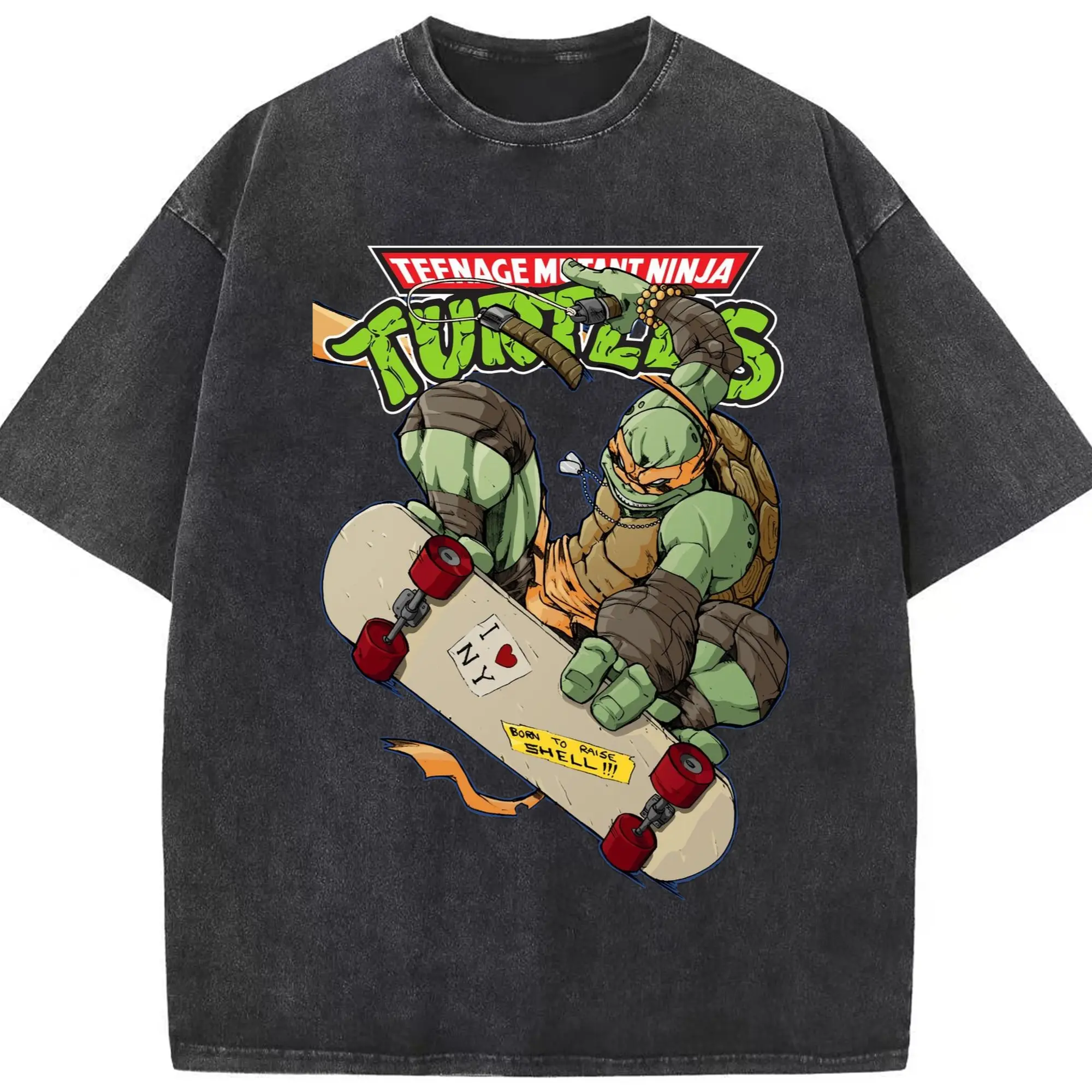 Men's Teenage Mutant Ninja Turtles Michelangelo graphic tee - Washed Vintage Look 230g Cotton Oversized T-Shirt With Front Heat Transfer Print – Soft, Lightweight, Stylish Fit – Comfortable Casual Wear For Sports & Everyday Use