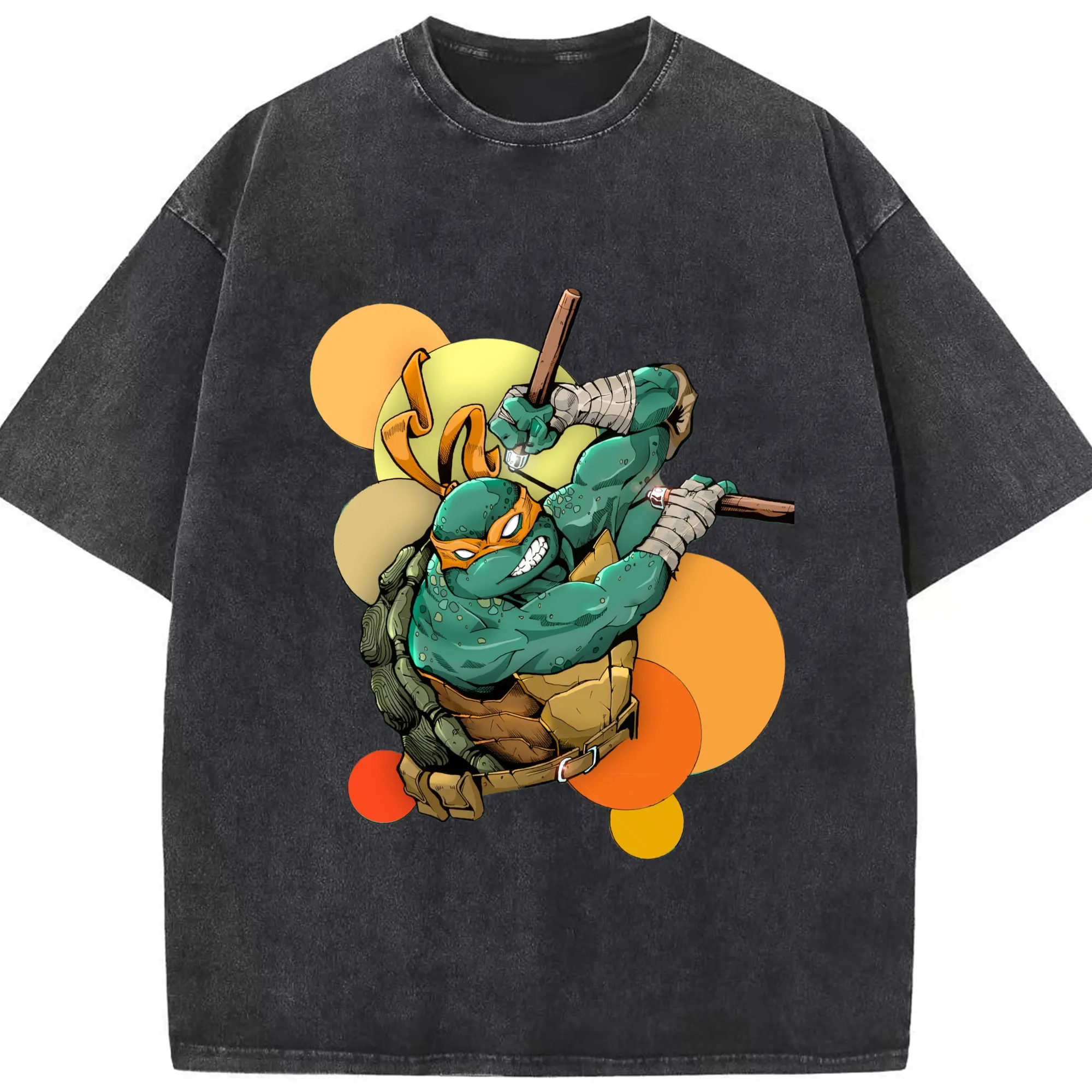 Men's Teenage Mutant Ninja Turtles Michelangelo T-Shirt - Washed Vintage Look 230g Cotton Oversized T-Shirt With Front Heat Transfer Print – Soft, Lightweight, Stylish Fit – Comfortable Casual Wear For Sports & Everyday Use