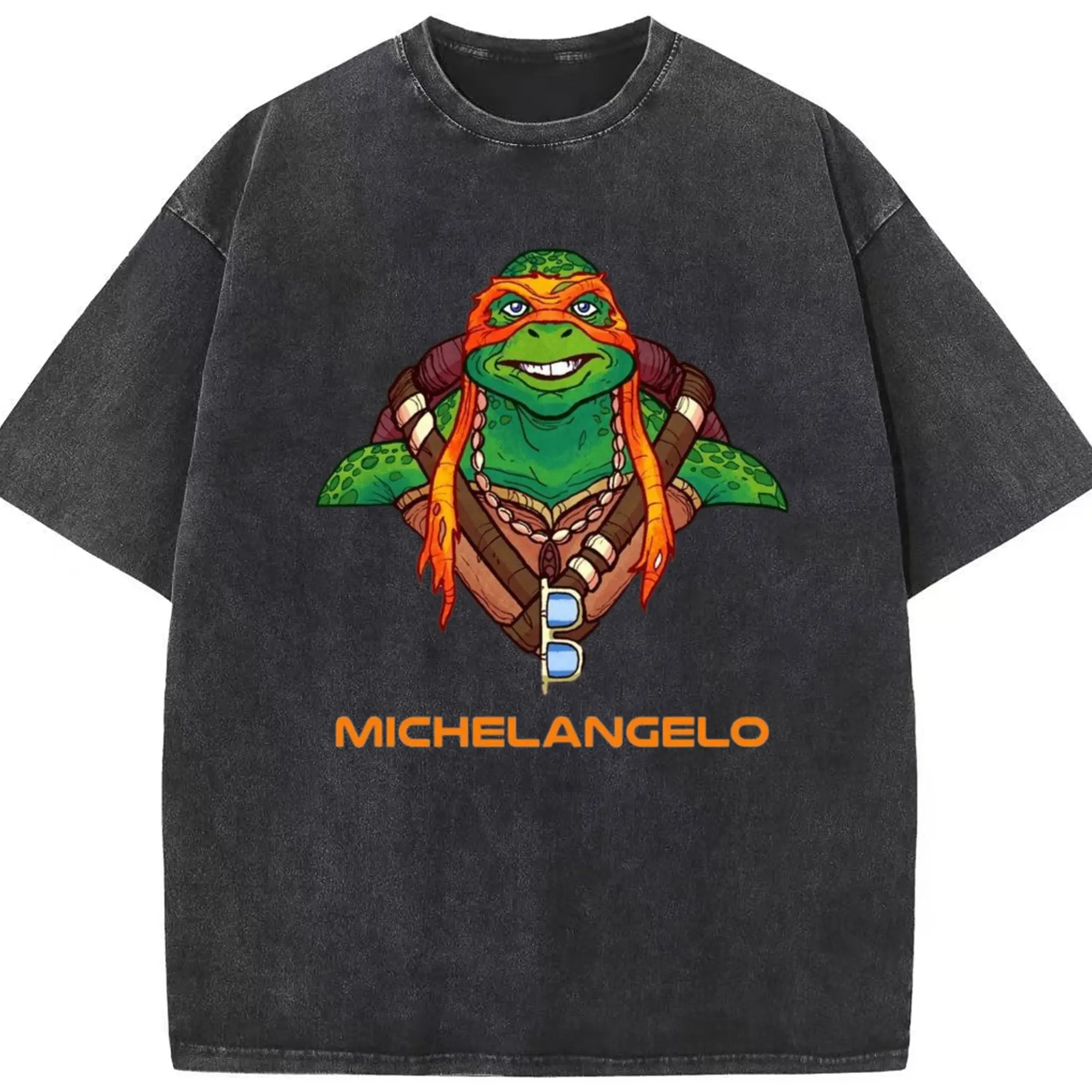 Teenage Mutant Ninja Turtles Michelangelo face Shirt - Washed Vintage Look 230g Cotton Oversized T-Shirt With Front Heat Transfer Print – Soft, Lightweight, Stylish Fit – Comfortable Casual Wear For Sports & Everyday Use