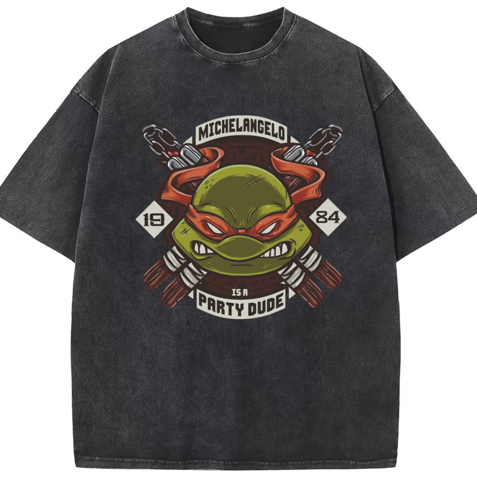 Teenage Mutant Ninja Turtles Raphael face T-Shirt - Washed Vintage Look 230g Cotton Oversized T-Shirt With Front Heat Transfer Print – Soft, Lightweight, Stylish Fit – Comfortable Casual Wear For Sports & Everyday Use