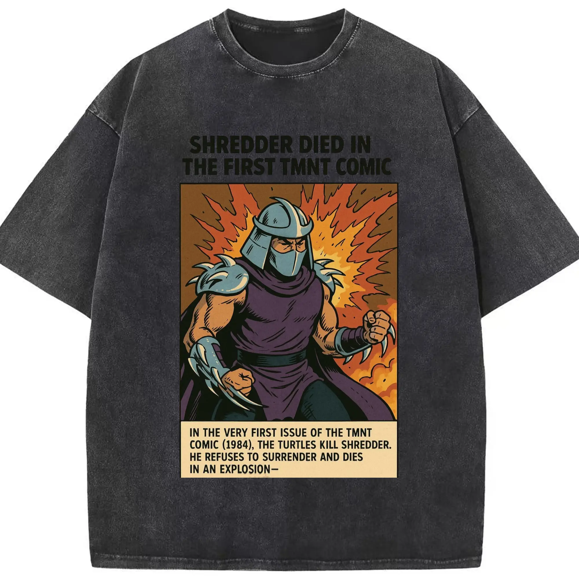 Teenage Mutant Ninja Turtles Shredder classic T-Shirt - Washed Vintage Look 230g Cotton Oversized T-Shirt With Front Heat Transfer Print – Soft, Lightweight, Stylish Fit – Comfortable Casual Wear For Sports & Everyday Use