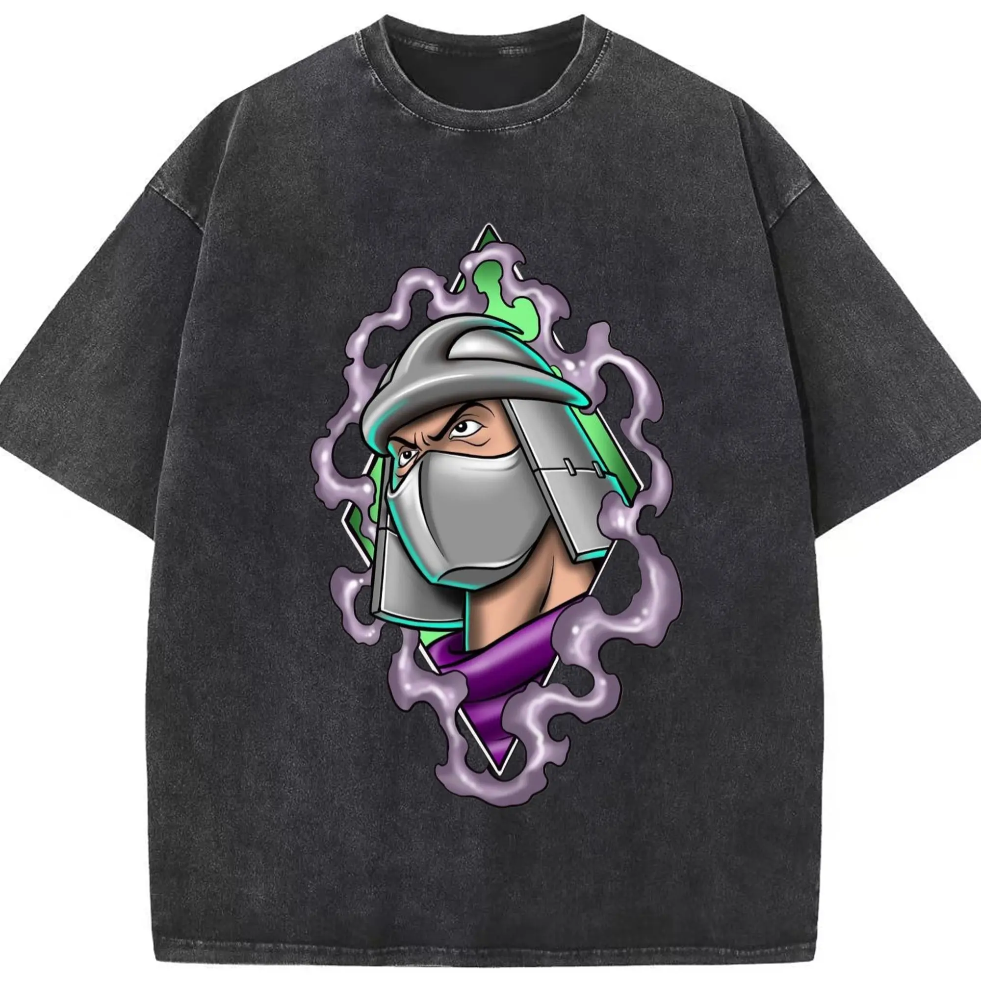 Teenage Mutant Ninja Turtles Shredder face T-Shirt - Washed Vintage Look 230g Cotton Oversized T-Shirt With Front Heat Transfer Print – Soft, Lightweight, Stylish Fit – Comfortable Casual Wear For Sports & Everyday Use