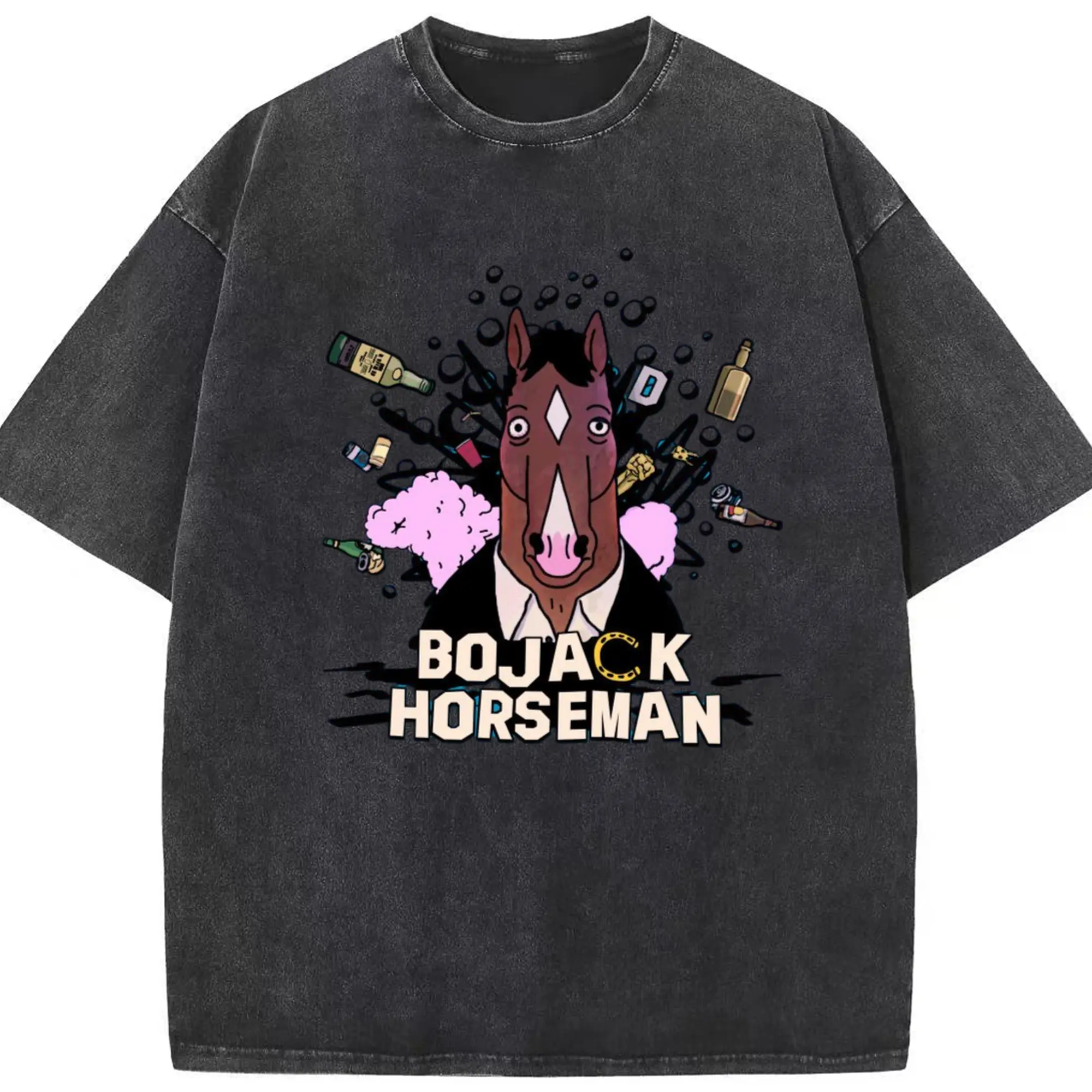 Bojack horseman graphic tee - Washed Vintage Look 230g Cotton Oversized T-Shirt With Front Heat Transfer Print – Soft, Lightweight, Stylish Fit – Comfortable Casual Wear For Sports & Everyday Use