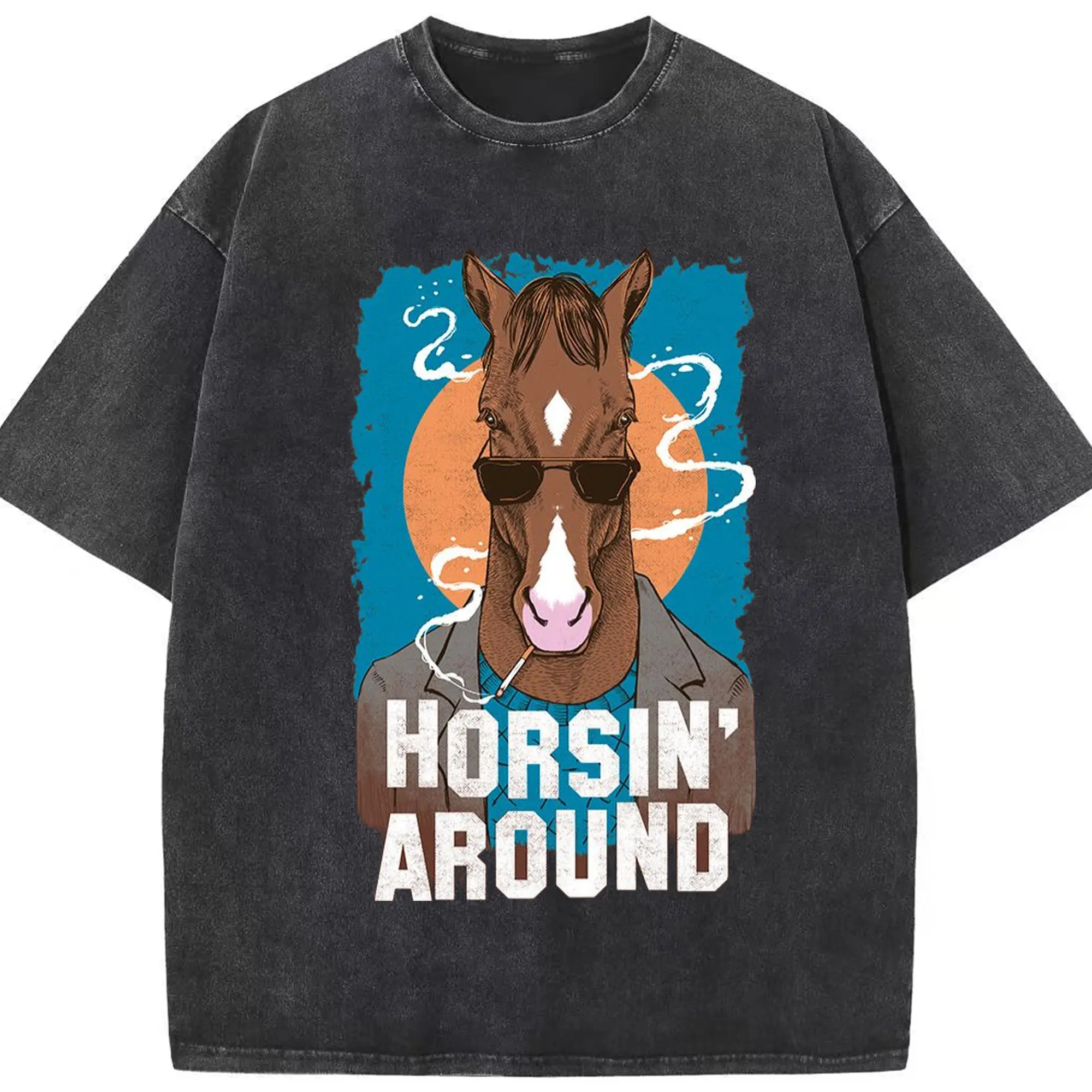 Bojack horseman tee shirt - Washed Vintage Look 230g Cotton Oversized T-Shirt With Front Heat Transfer Print – Soft, Lightweight, Stylish Fit – Comfortable Casual Wear For Sports & Everyday Use