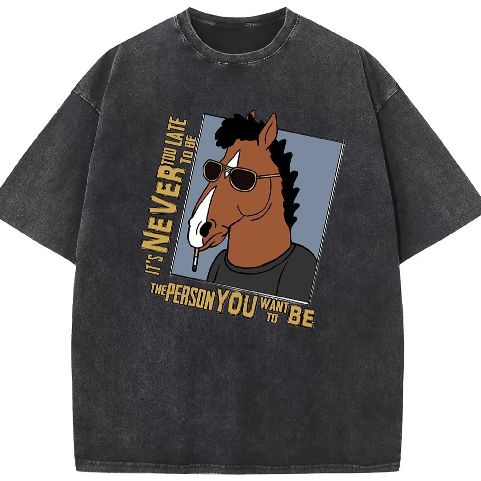 Men’s bojack horseman shirt​ - Washed Vintage Look 230g Cotton Oversized T-Shirt With Front Heat Transfer Print – Soft, Lightweight, Stylish Fit – Comfortable Casual Wear For Sports & Everyday Use